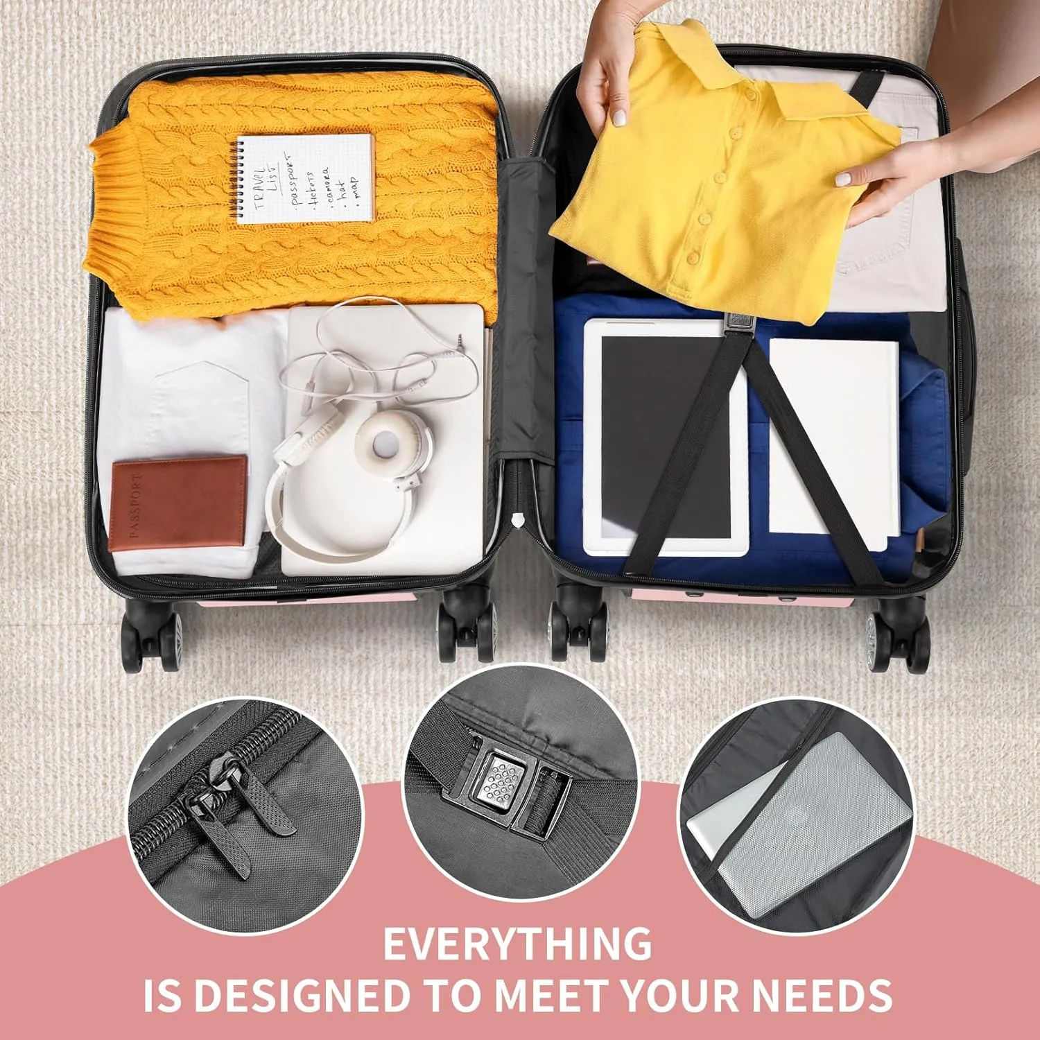 Karl home Luggage Sets 3 Piece, PC ABS Hardside Suitcase Set with Double Spinner Wheels & TSA Lock for Travel Business, 3-Piece Set (20/24/28), Light Pink
