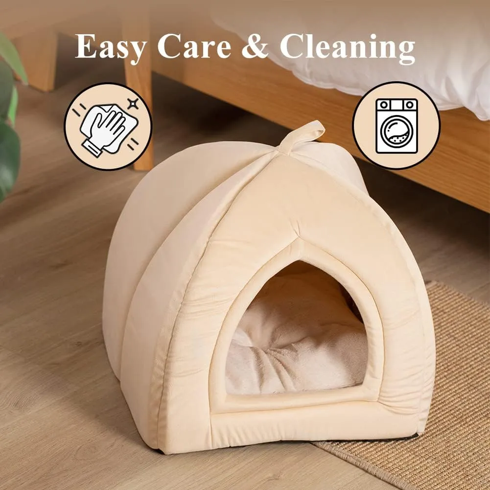 KASENTEX Cat Bed for Indoor Cats, 2-in-1 Cat House Pet Supplies for Large Cat or Small Dog - Animal Cave, Cat Tent with Removable Washable Pillow Cushion (Camel 19x19x19)