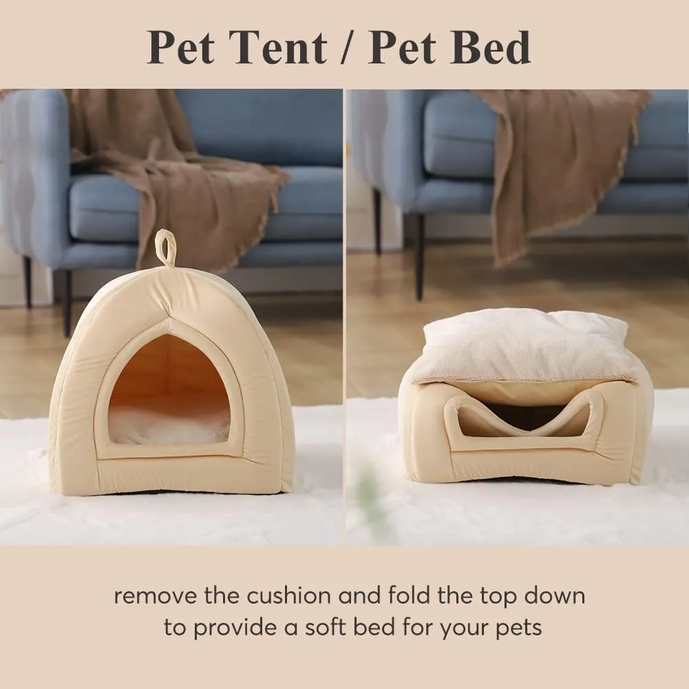 KASENTEX Cat Bed for Indoor Cats, 2-in-1 Cat House Pet Supplies for Large Cat or Small Dog - Animal Cave, Cat Tent with Removable Washable Pillow Cushion (Camel 19x19x19)