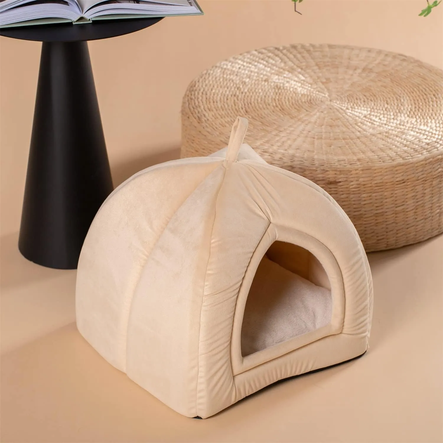 KASENTEX Cat Bed for Indoor Cats, 2-in-1 Cat House Pet Supplies for Large Cat or Small Dog - Animal Cave, Cat Tent with Removable Washable Pillow Cushion (Camel 19x19x19)