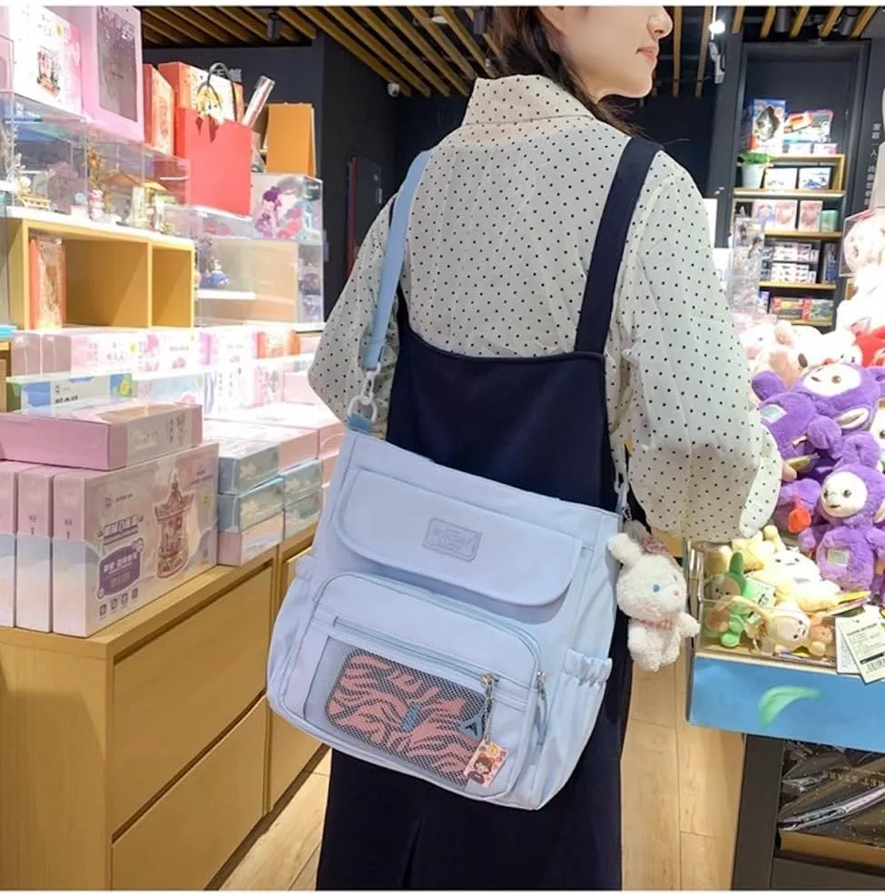 Kawaii Crossbody Bag with Plushies Preppy Crossbody Bag Solid Vanilla Aesthetic Messenger Bag Shoulder Tote Bag