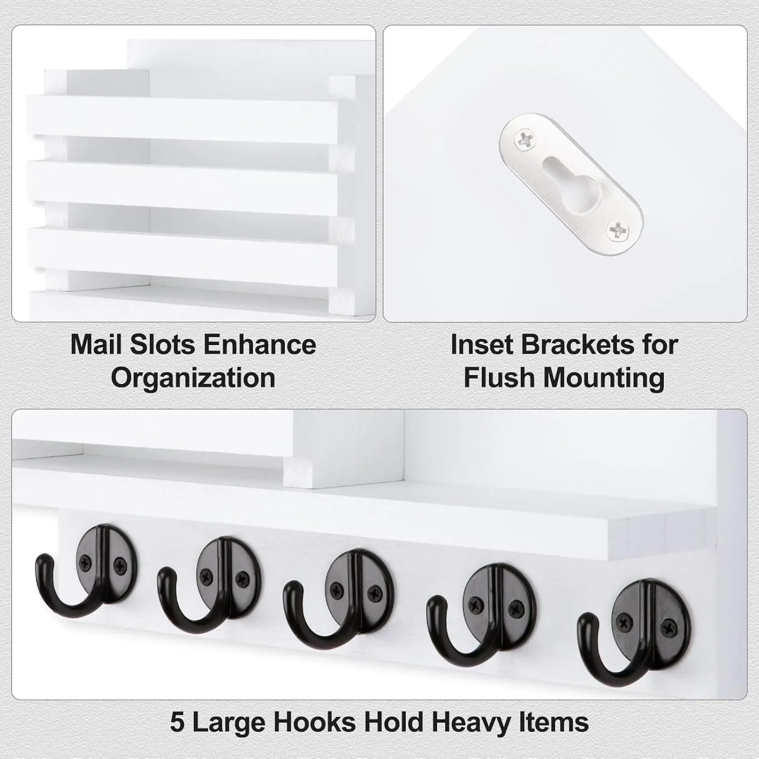Key Holder for Wall – Decorative Wooden Mail Holder and Key Shelf with Mounting Hardware, Installation Guide – Paulownia Wood with 5 Metal Key Hooks (11.8” x 6.7” x 2.8”)