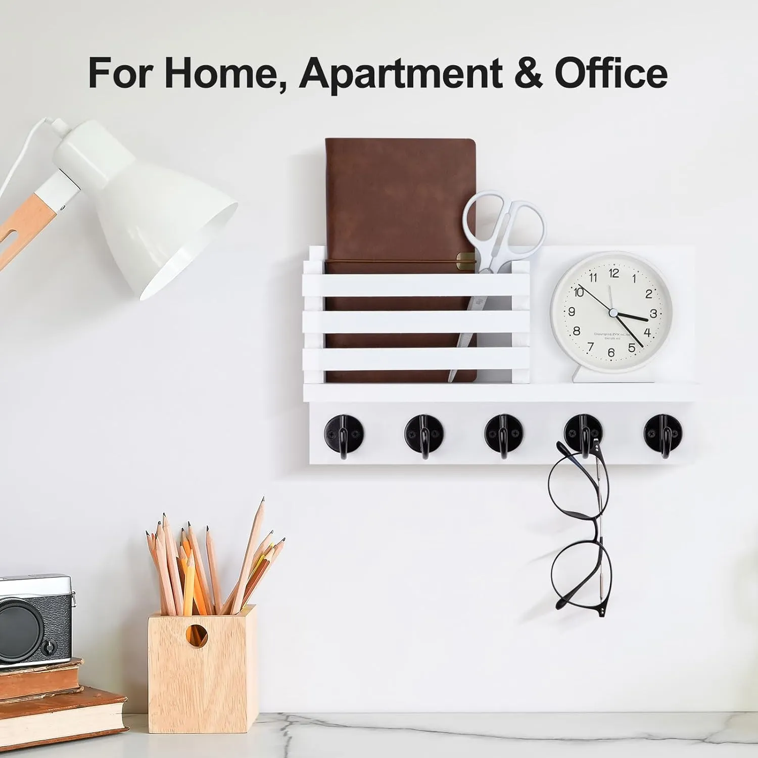 Key Holder for Wall – Decorative Wooden Mail Holder and Key Shelf with Mounting Hardware, Installation Guide – Paulownia Wood with 5 Metal Key Hooks (11.8” x 6.7” x 2.8”)