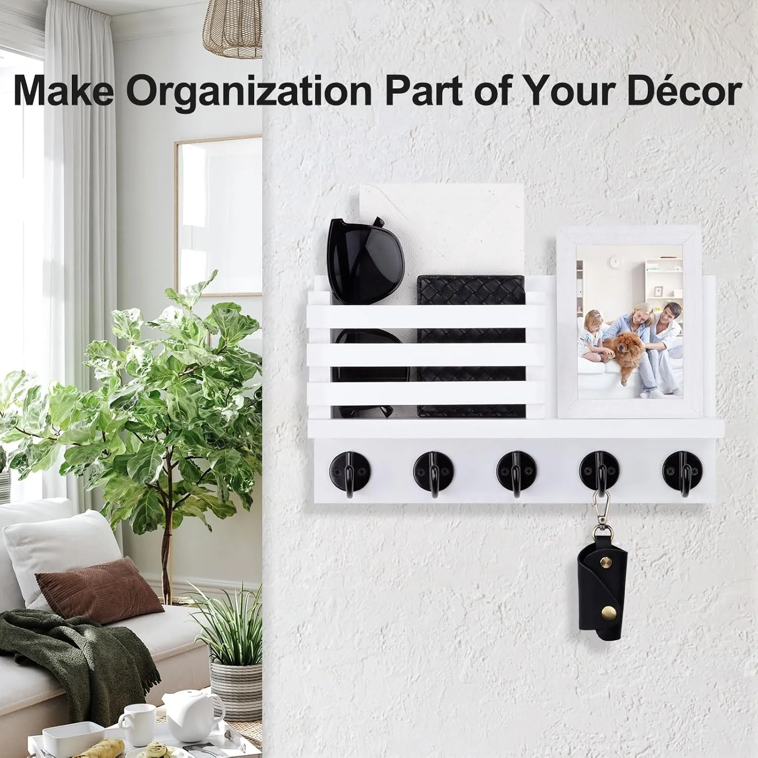 Key Holder for Wall – Decorative Wooden Mail Holder and Key Shelf with Mounting Hardware, Installation Guide – Paulownia Wood with 5 Metal Key Hooks (11.8” x 6.7” x 2.8”)