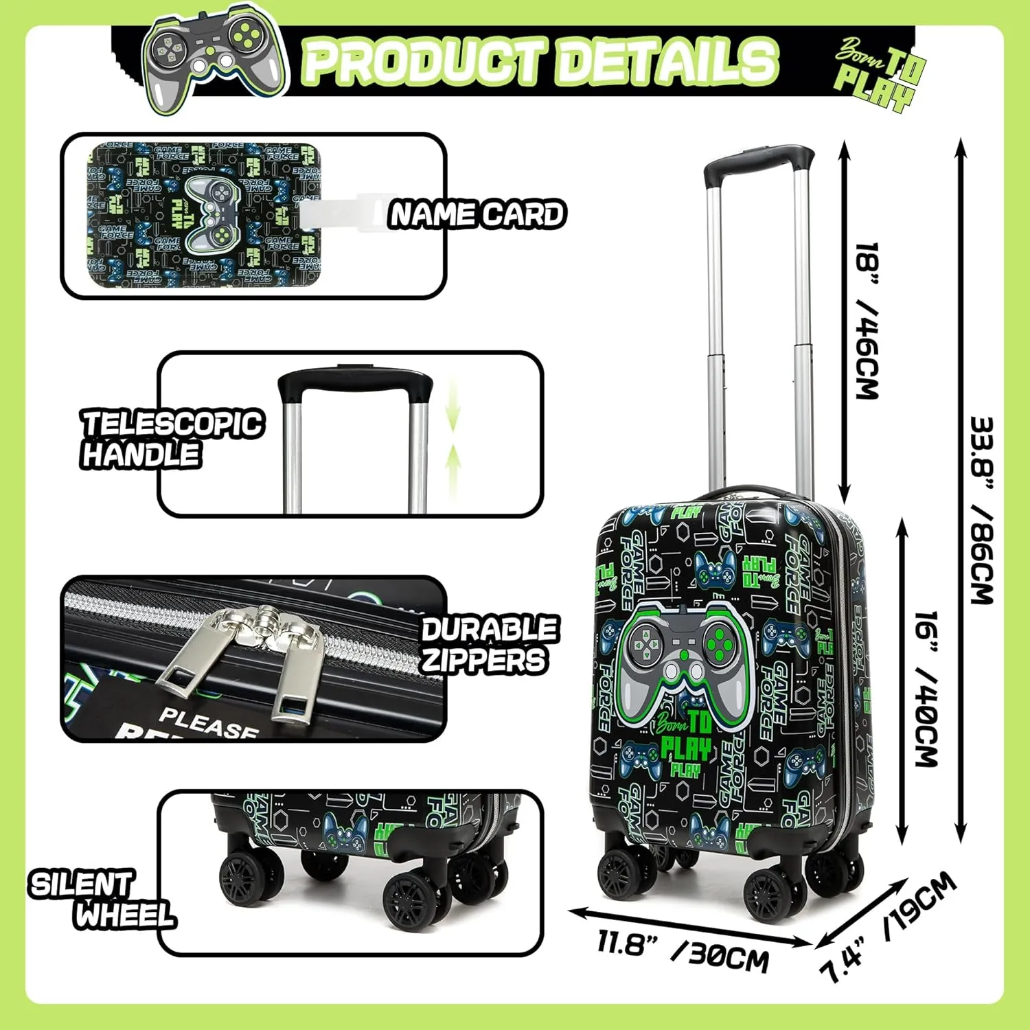 Kid’s Luggage Set 2 Piece Suitcase Set 16’’ Hardside Luggage with Spinner Wheels Girls Boys Carry on Luggage Travel Rolling Luggage Airline Approved