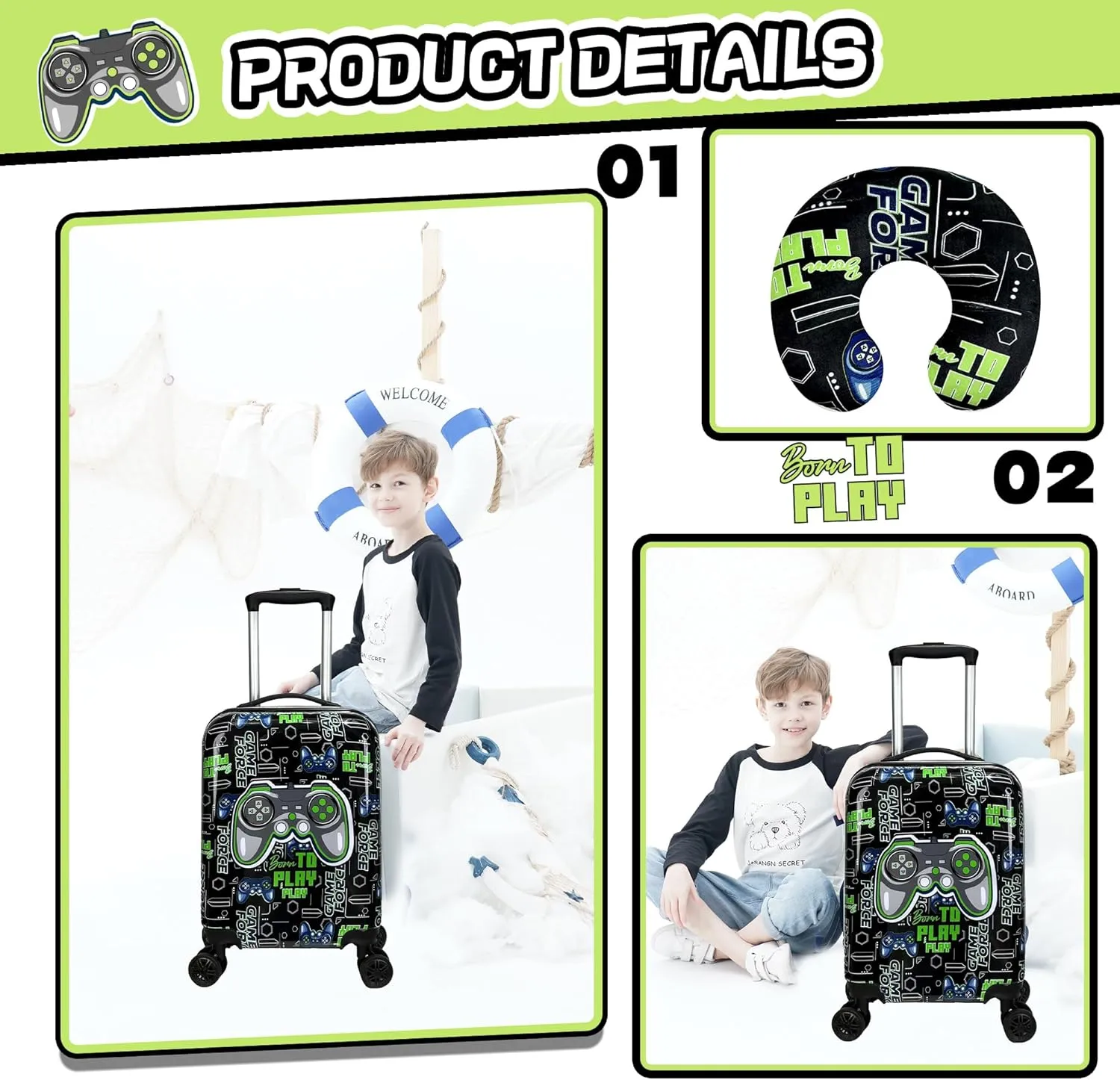 Kid’s Luggage Set 2 Piece Suitcase Set 16’’ Hardside Luggage with Spinner Wheels Girls Boys Carry on Luggage Travel Rolling Luggage Airline Approved