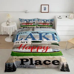 Kids Rustic Lake Cabin Comforter Set, Camping Lodge Rules Bedding Set Moose Vintage Wooden Barn Door Duvet Sets Twin Size for Kids Teens Adult,Farmhouse Country Quilted Duvet Lakeside Camp Rv Decor