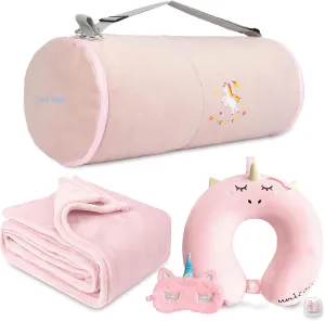 Kids Travel Blanket and Pillow- Premium Soft Pink Airplane Blanket with Adjustable Travel Bag, Hand Luggage Belt Compact Pack Large Blanket for Car, Road Trip, Home Use (60"*40" in)