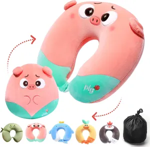 Kids Travel Pillow - 2-in-1 Deformable Kids Neck Pillow with Adorable Animal Design- Pink Pig, Soft U-Shaped Pillow for Traveling, Airplanes, Cars, Comfy Sleep and Play, Relaxing