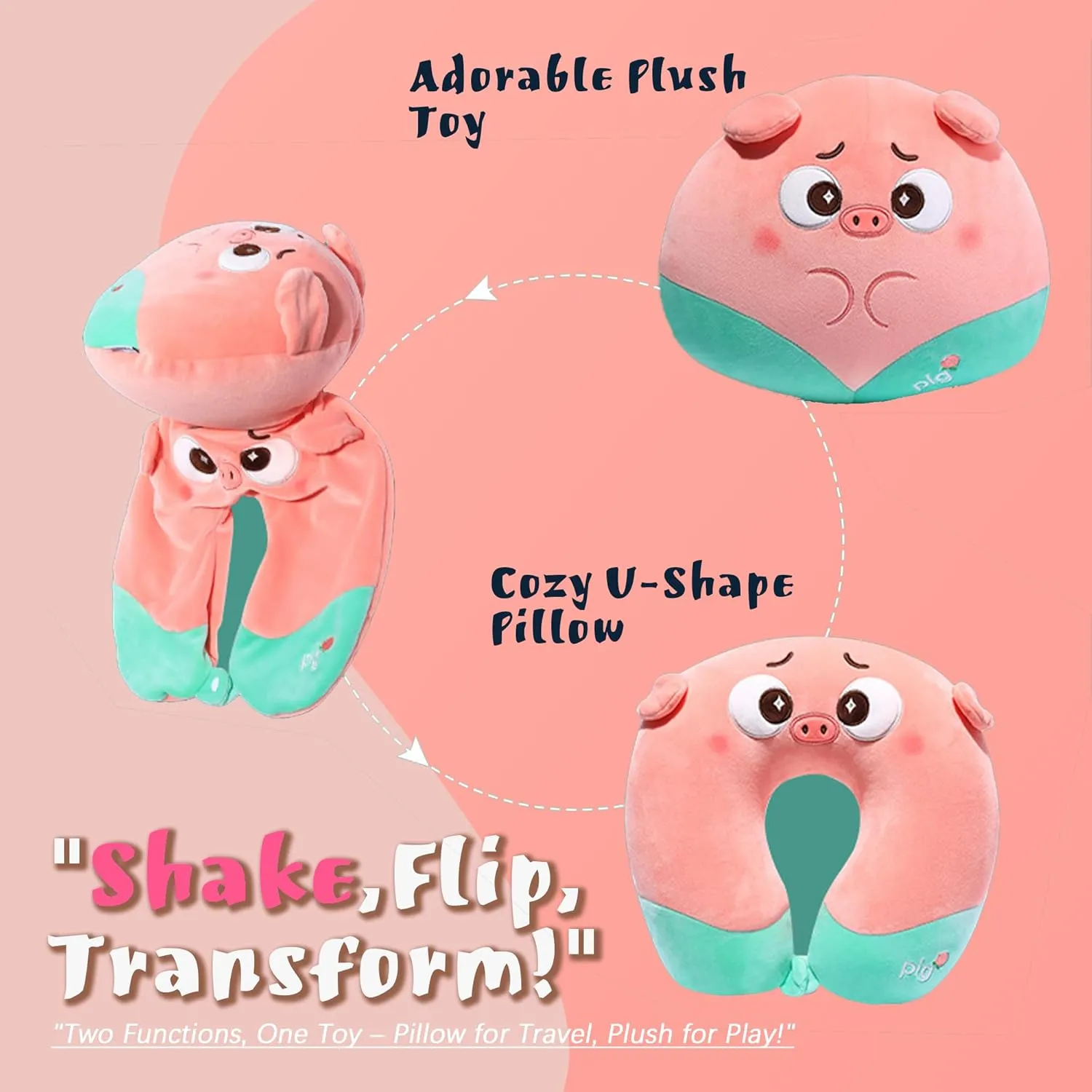Kids Travel Pillow - 2-in-1 Deformable Kids Neck Pillow with Adorable Animal Design- Pink Pig, Soft U-Shaped Pillow for Traveling, Airplanes, Cars, Comfy Sleep and Play, Relaxing