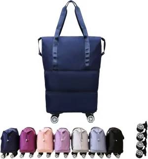 Klarson Expandable Bag with Wheels, Collapsible Luggage with Wheels, Expandable Rolling Duffel Bag (Dark blue)