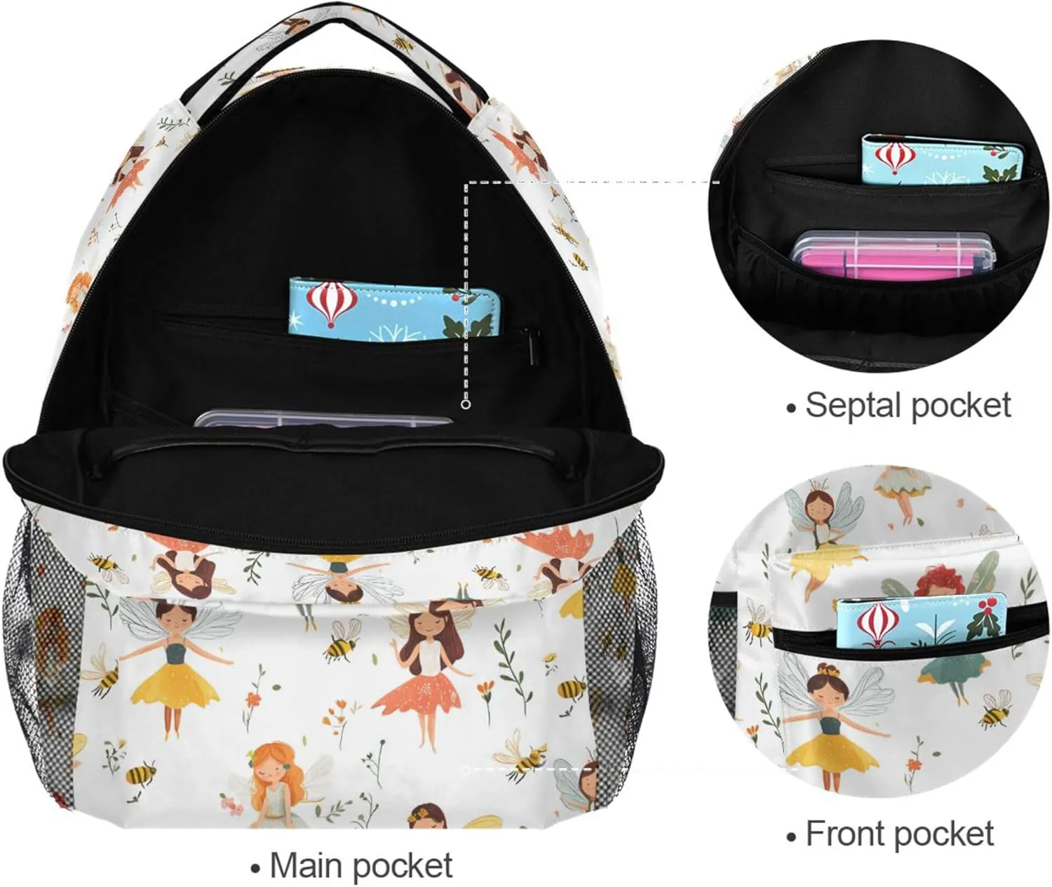 KLL Backpack for Teenager Fashion Business Work Bag with Chest Strap for Travel Trip Cartoon Sweet Fairy White