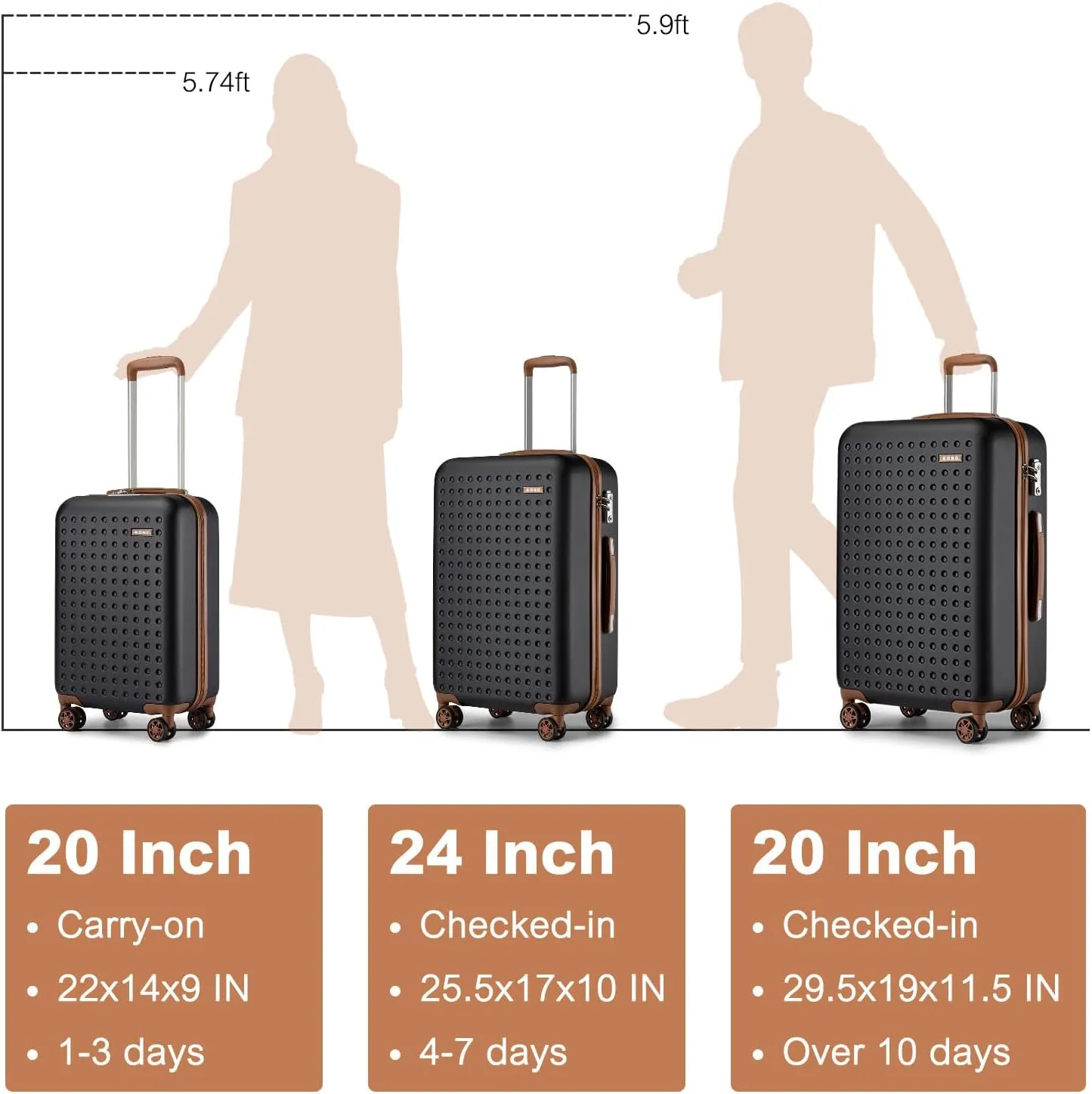 Kono Carry On Luggage 22x14x9 Airline Approved Lightweight Hardside Suitcase with Spinner Wheels & Built-in TSA Lock (Black, 20 Inch)
