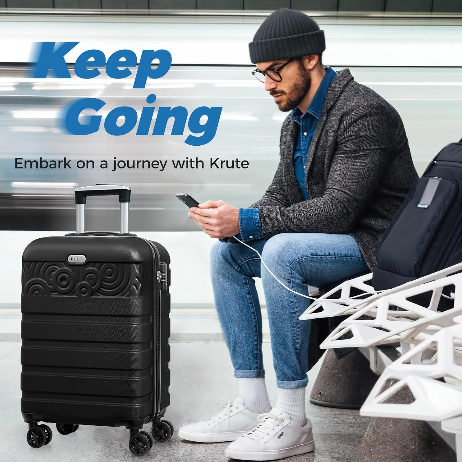 Krute Carry On Luggage 22x14x9 Airline Approved Hard Shell Luggage with Spinner Wheels, 20 Inch PC&ABS TSA Lock kids suitcase（Black）