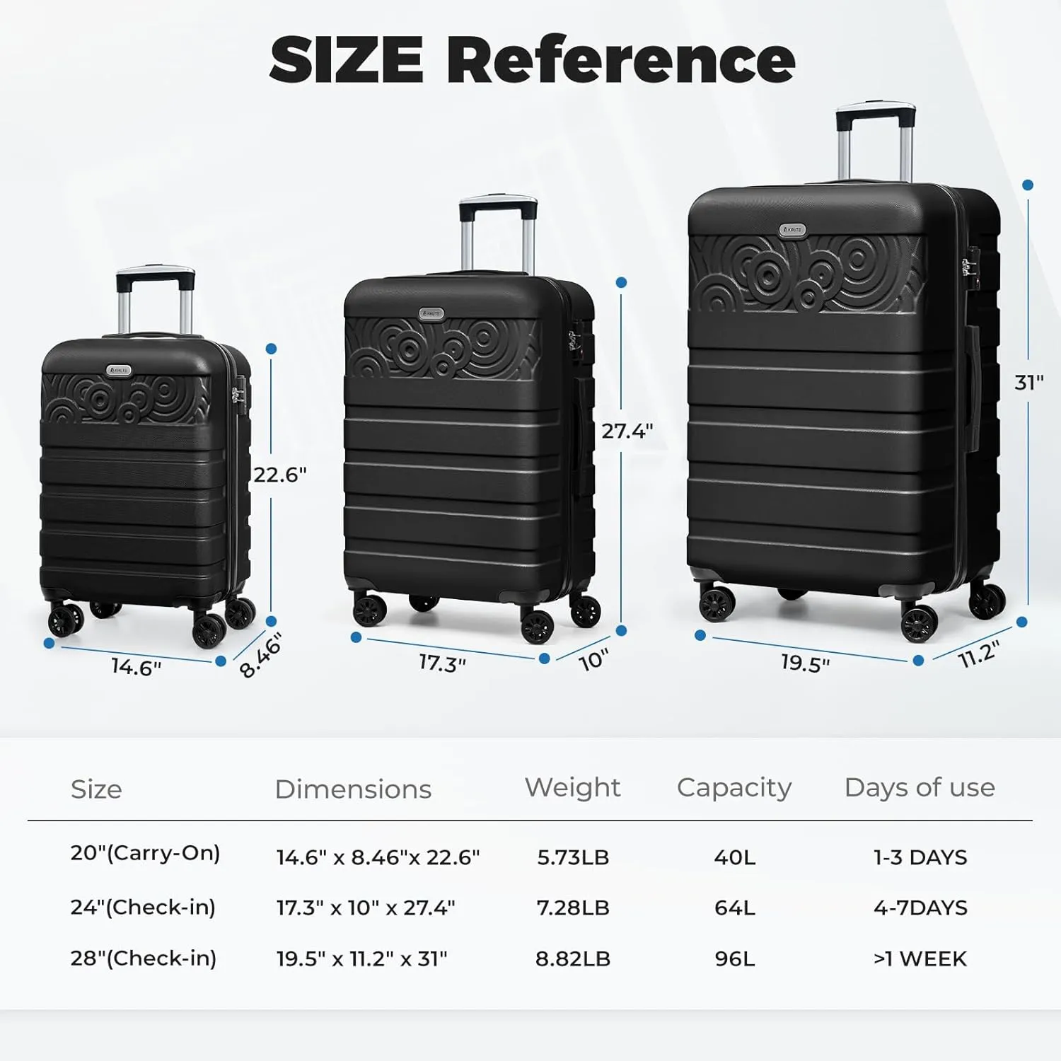 Krute Carry On Luggage 22x14x9 Airline Approved Hard Shell Luggage with Spinner Wheels, 20 Inch PC&ABS TSA Lock kids suitcase（Black）