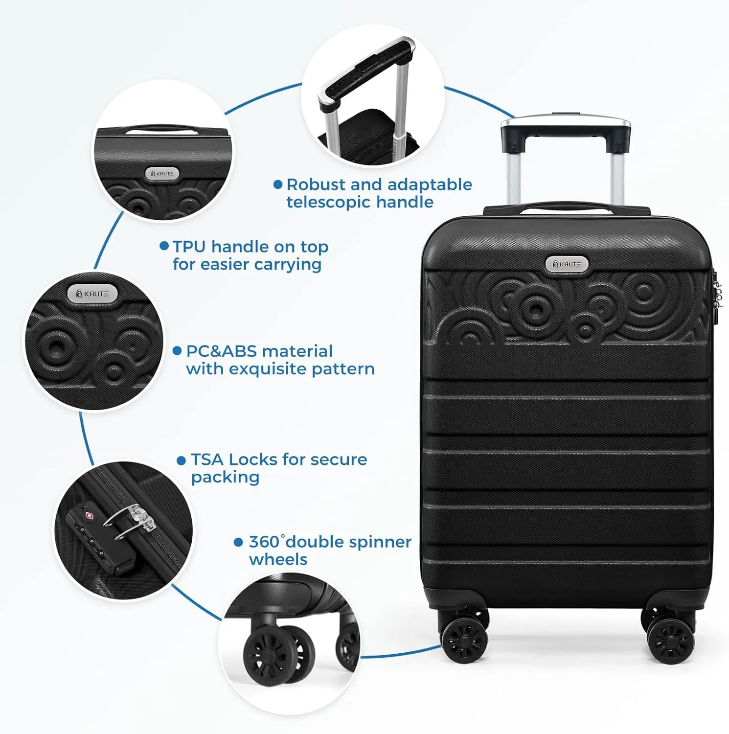 Krute Carry On Luggage 22x14x9 Airline Approved Hard Shell Luggage with Spinner Wheels, 20 Inch PC&ABS TSA Lock kids suitcase（Black）
