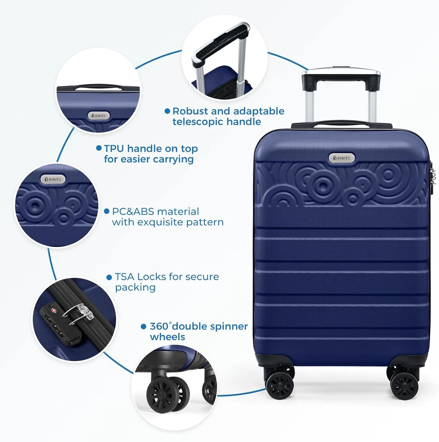 Krute Carry On Luggage 22x14x9 Airline Approved Hard Shell Luggage with Spinner Wheels, 20 Inch PC&ABS TSA Lock kids suitcase（DarkBlue）