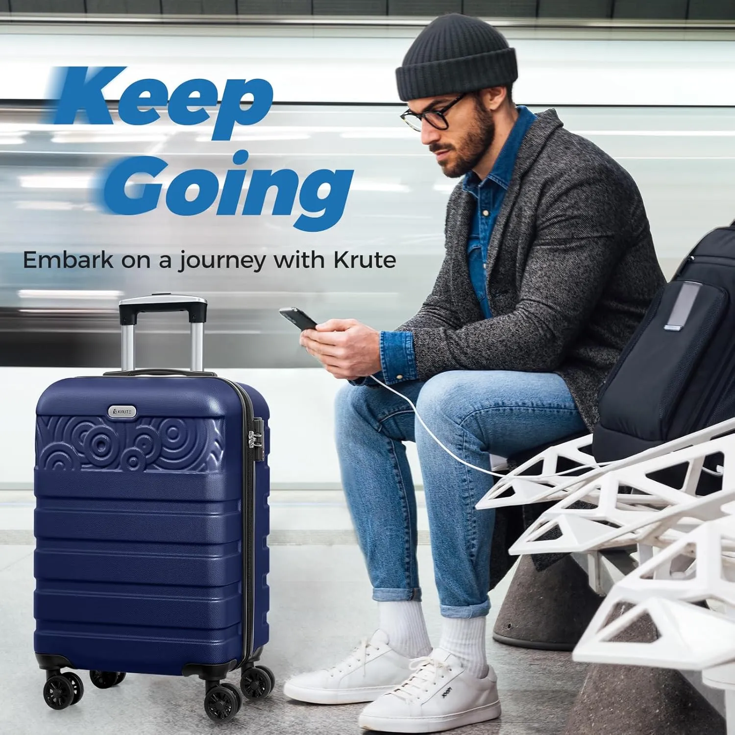 Krute Carry On Luggage 22x14x9 Airline Approved Hard Shell Luggage with Spinner Wheels, 20 Inch PC&ABS TSA Lock kids suitcase（DarkBlue）