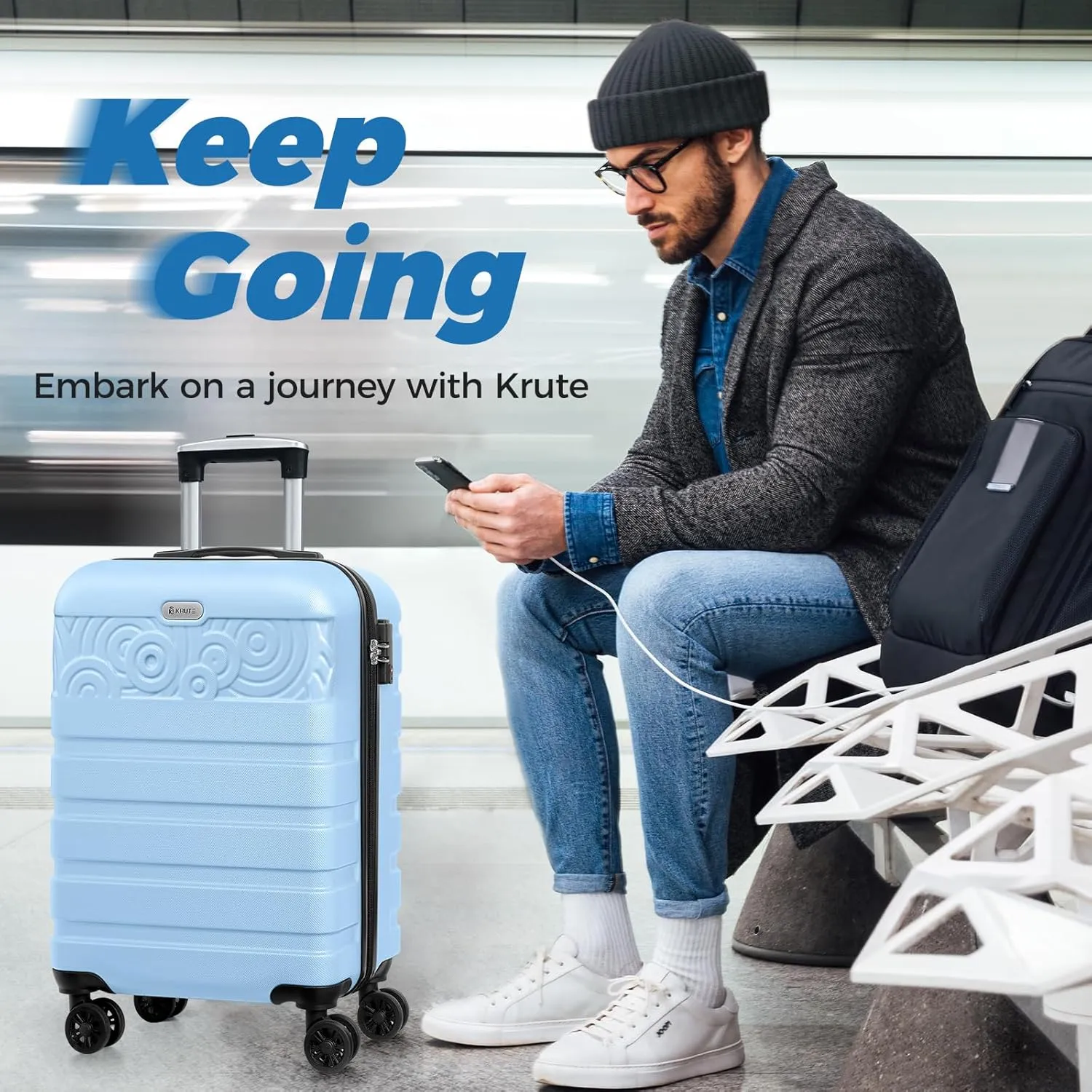 Krute Carry On Luggage 22x14x9 Airline Approved Hard Shell Luggage with Spinner Wheels, 20 Inch PC&ABS TSA Lock kids suitcase（LightBlue）