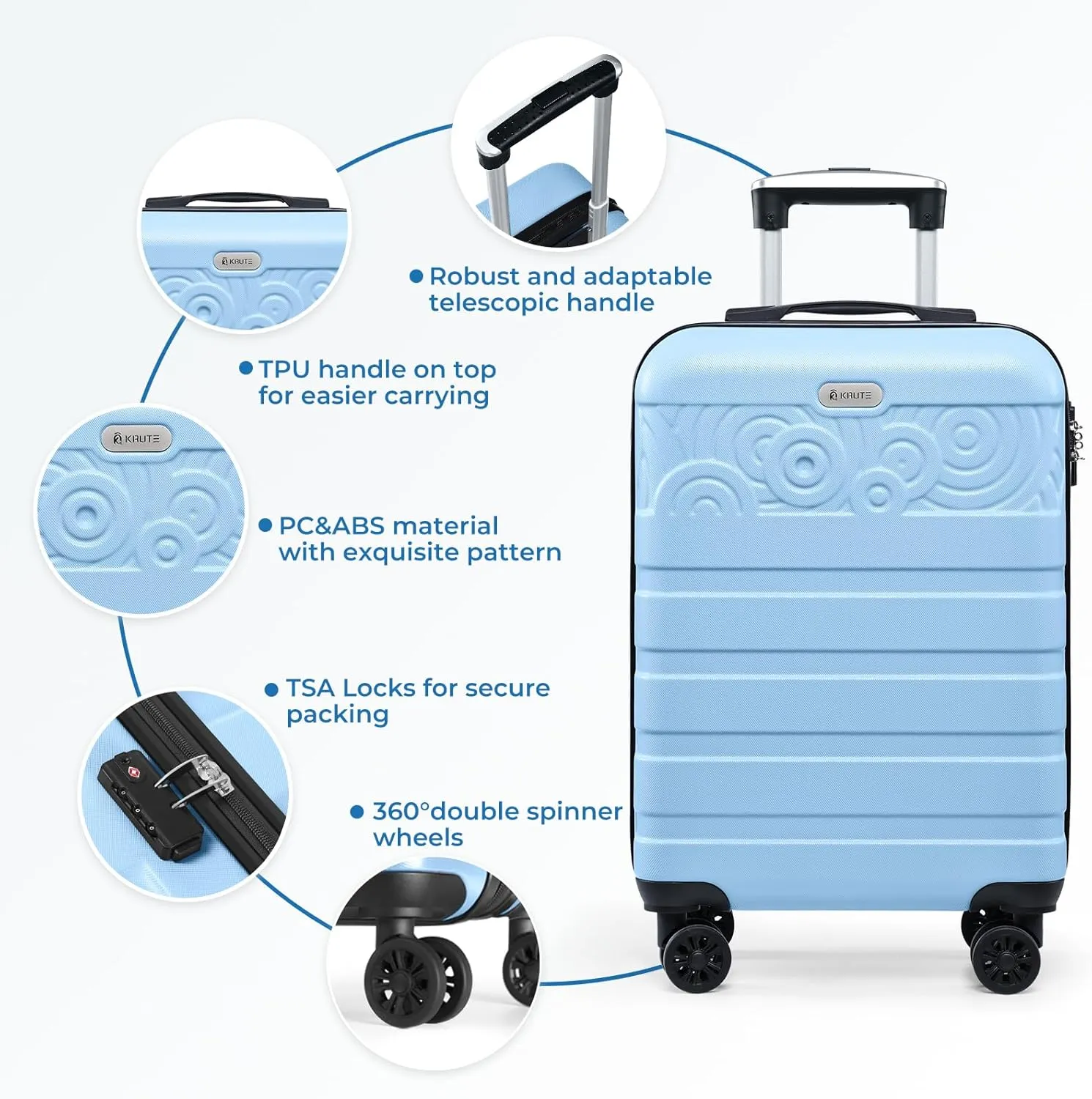 Krute Carry On Luggage 22x14x9 Airline Approved Hard Shell Luggage with Spinner Wheels, 20 Inch PC&ABS TSA Lock kids suitcase（LightBlue）