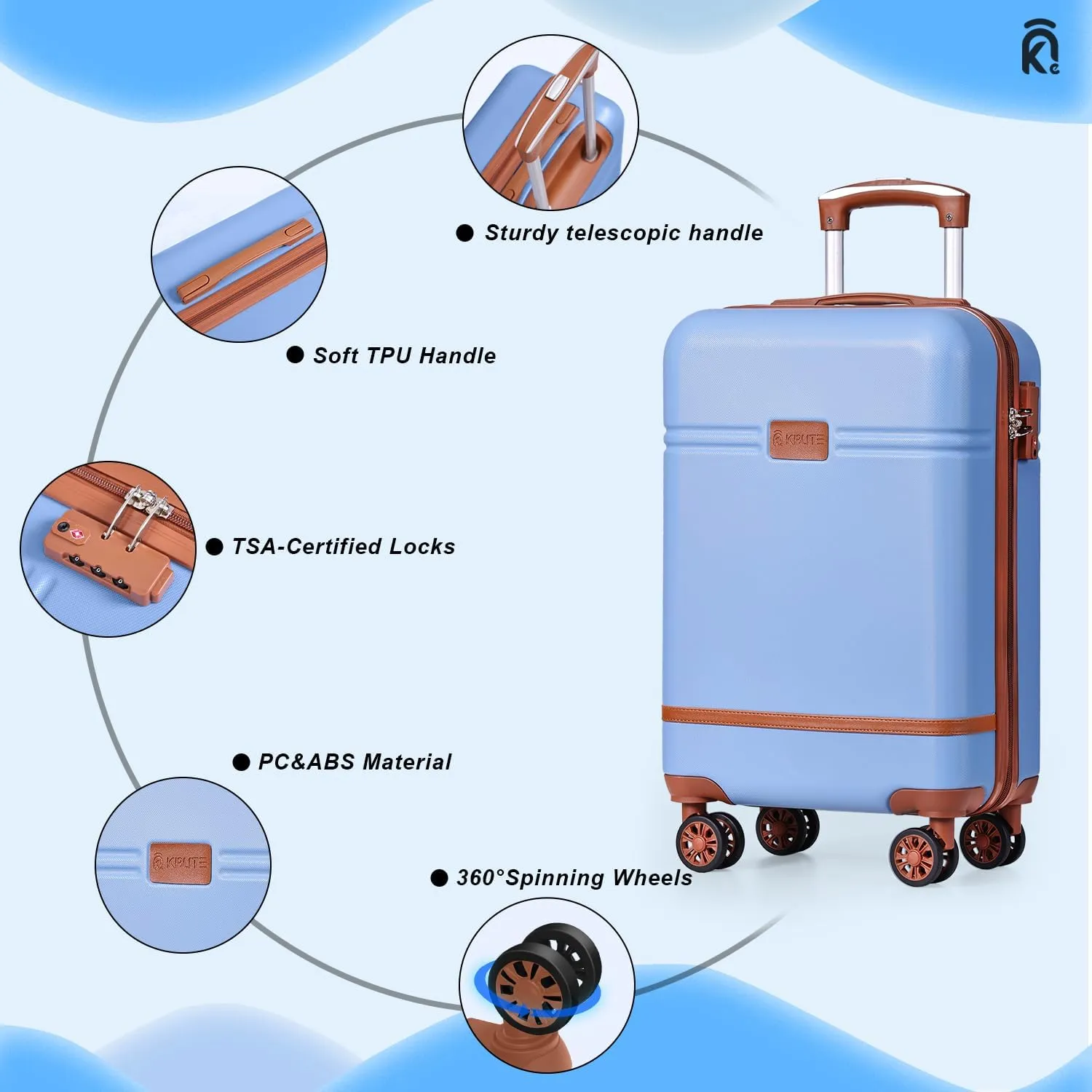Krute Carry On Luggage 22x14x9 Airline Approved Hard Shell Suitcases with Wheels 20in PC ABS TSA Approved Carry On Suitcase (LightBlue)