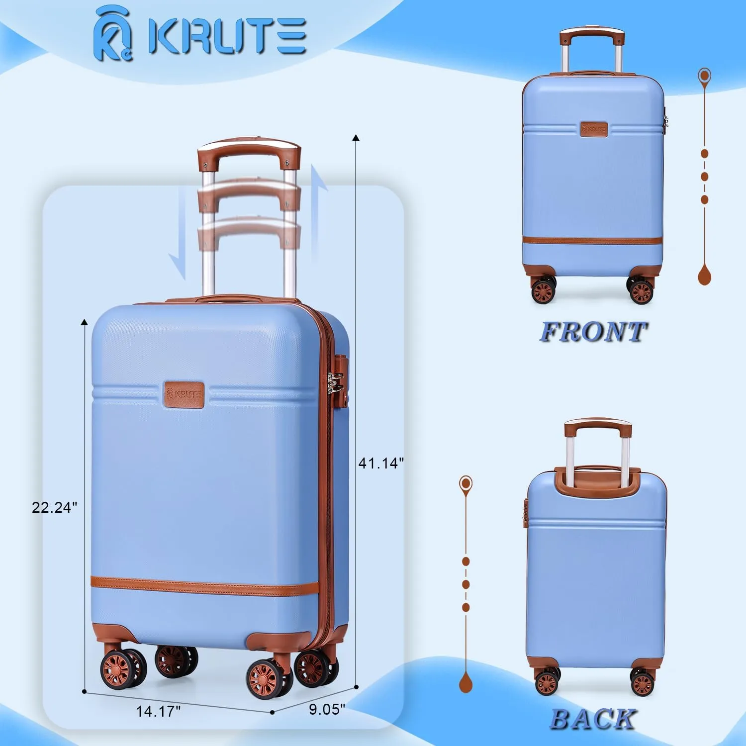 Krute Carry On Luggage 22x14x9 Airline Approved Hard Shell Suitcases with Wheels 20in PC ABS TSA Approved Carry On Suitcase (LightBlue)