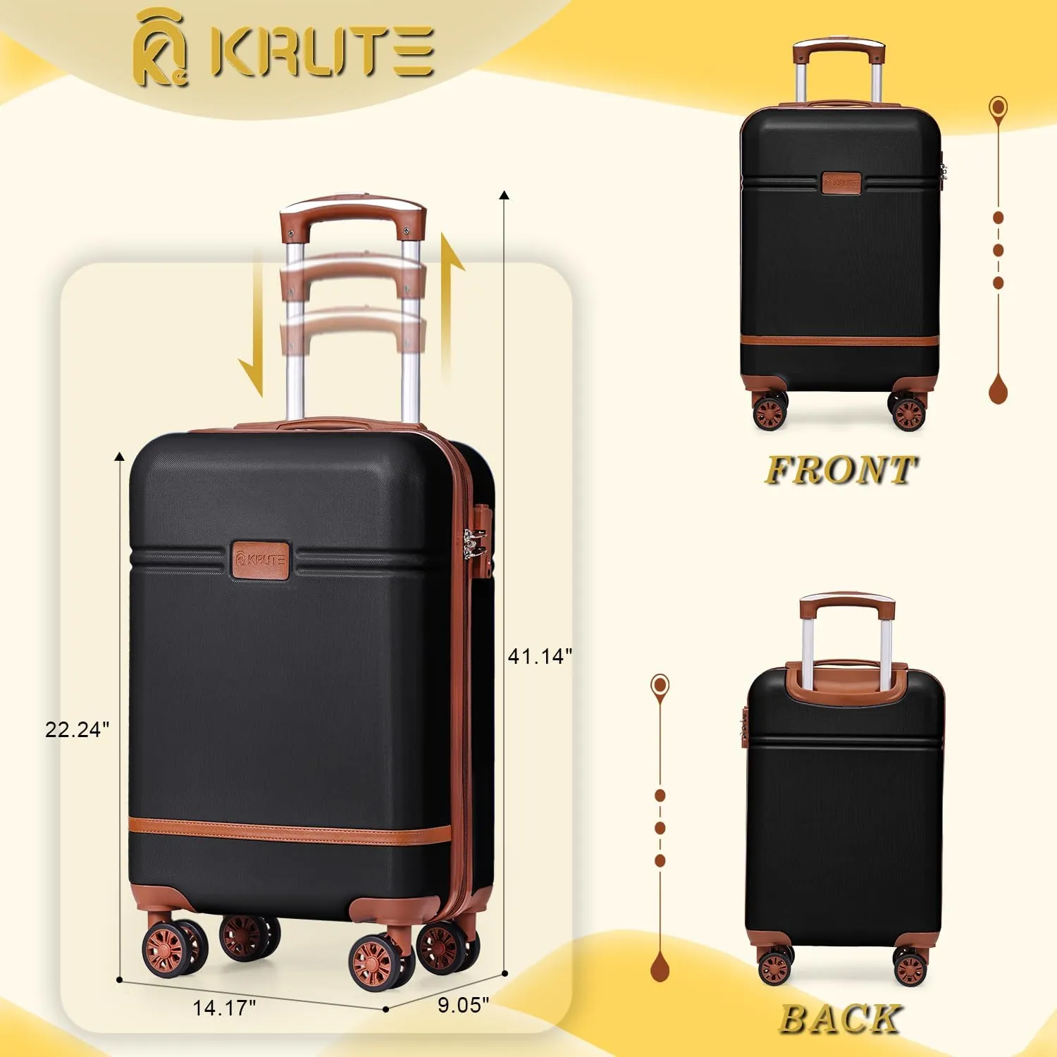 Krute Carry On Luggage 22x14x9 Airline Approved Hard Shell Suitcases with Wheels 20in PC ABS TSA Approved Carry On Suitcase