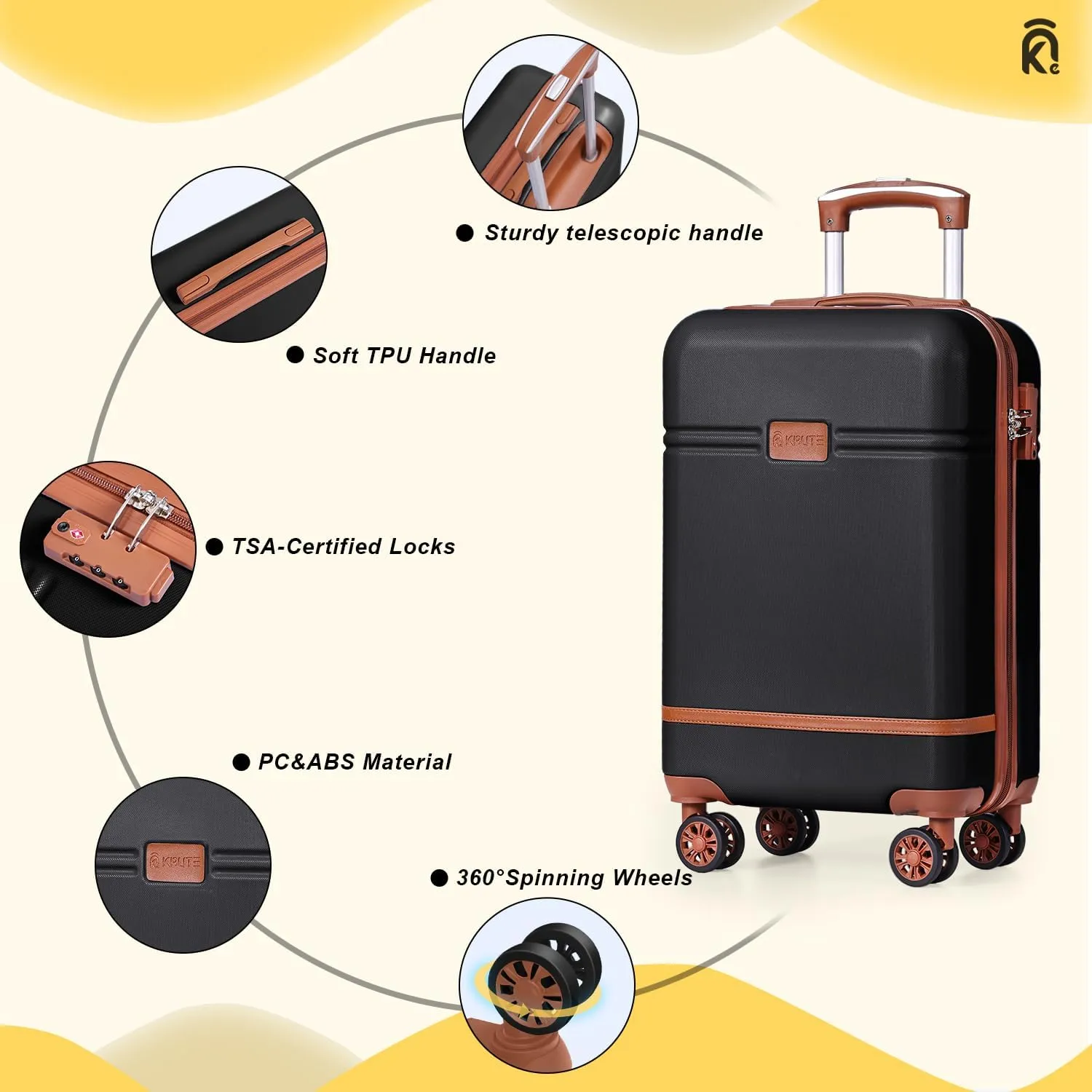 Krute Carry On Luggage 22x14x9 Airline Approved Hard Shell Suitcases with Wheels 20in PC ABS TSA Approved Carry On Suitcase