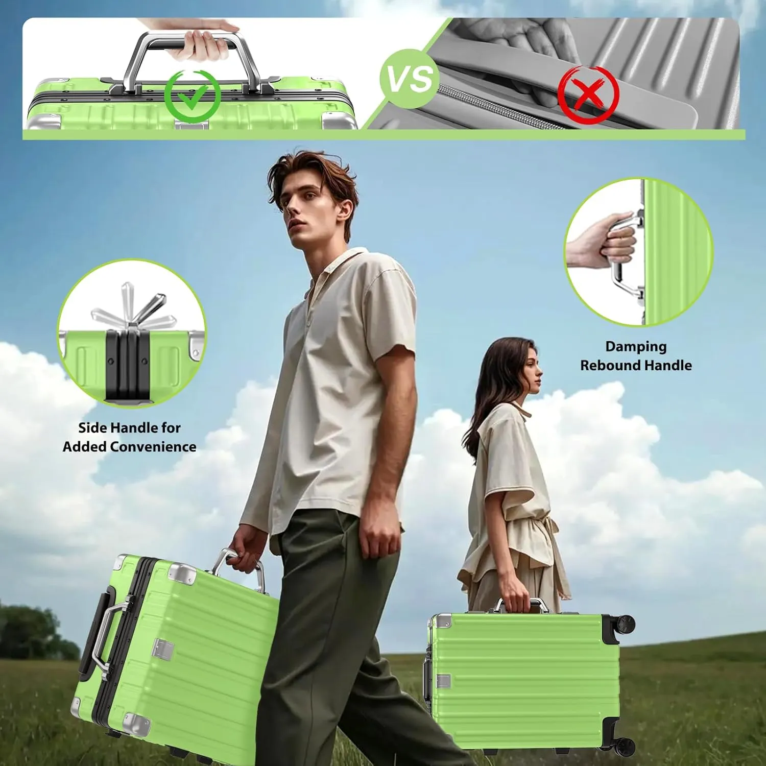 Krute Carry On Luggage Aluminum Frame No Zipper Metal Hardshell PC ABS Luggage Noble TSA Airline Approved Suitcase with Spinner Wheels 20 Inch Green