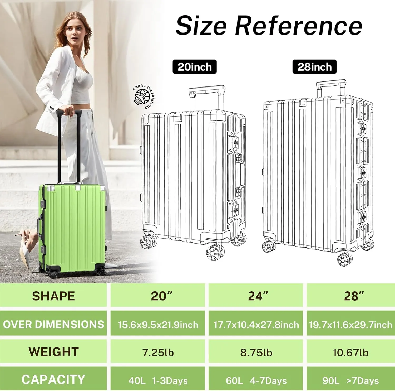 Krute Carry On Luggage Aluminum Frame No Zipper Metal Hardshell PC ABS Luggage Noble TSA Airline Approved Suitcase with Spinner Wheels 20 Inch Green