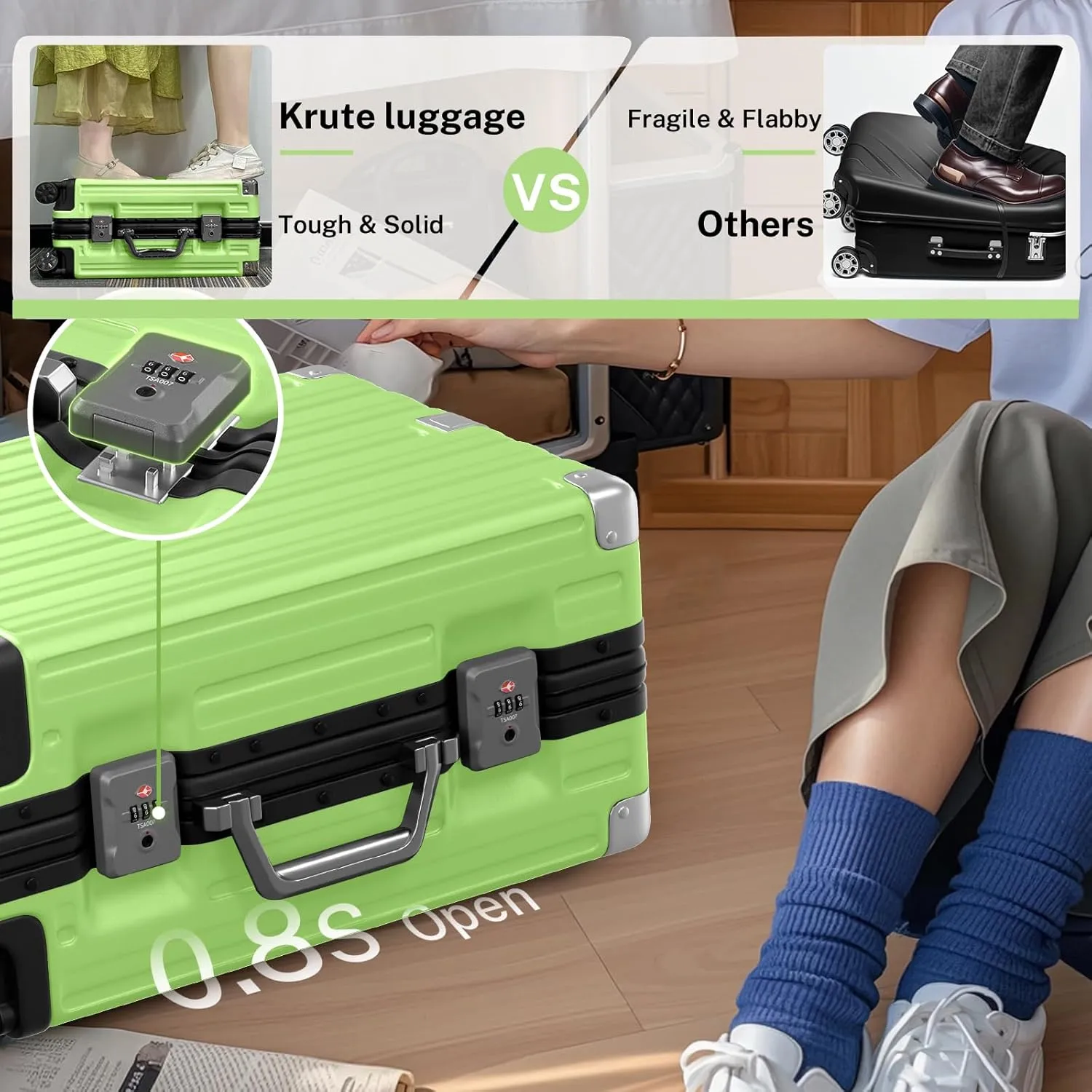 Krute Carry On Luggage Aluminum Frame No Zipper Metal Hardshell PC ABS Luggage Noble TSA Airline Approved Suitcase with Spinner Wheels 20 Inch Green
