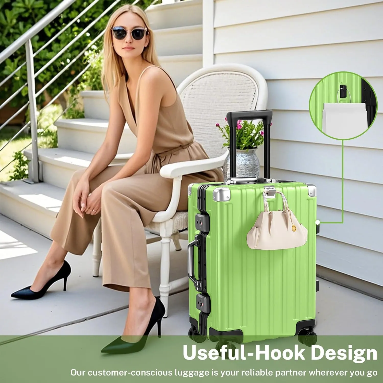 Krute Carry On Luggage Aluminum Frame No Zipper Metal Hardshell PC ABS Luggage Noble TSA Airline Approved Suitcase with Spinner Wheels 20 Inch Green