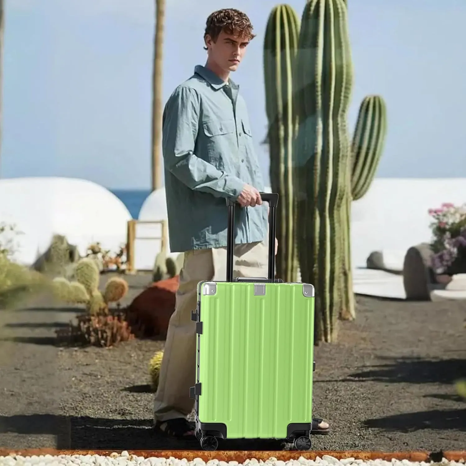 Krute Carry On Luggage Aluminum Frame No Zipper Metal Hardshell PC ABS Luggage Noble TSA Airline Approved Suitcase with Spinner Wheels 20 Inch Green