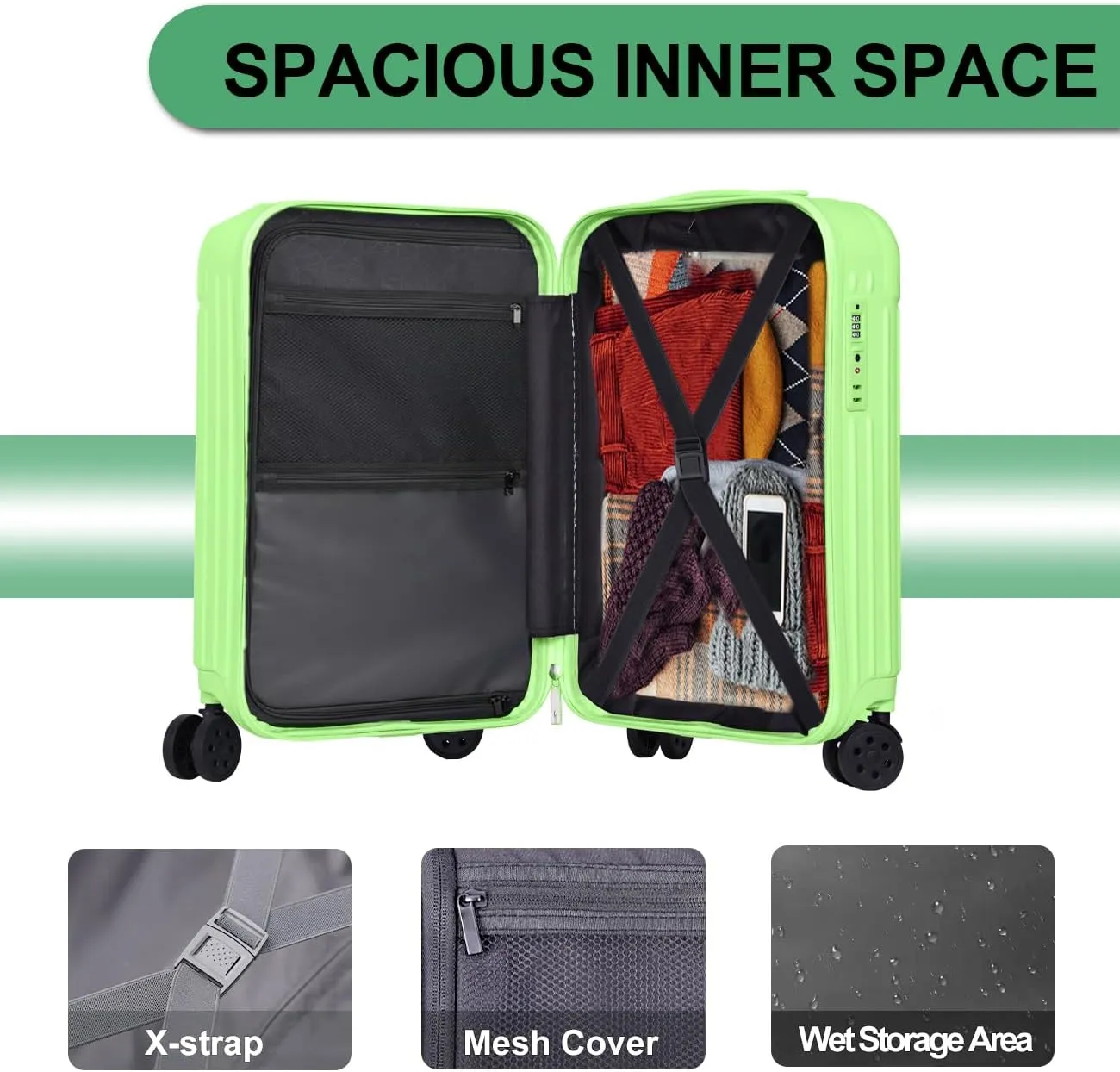 Krute Carry on Luggage PC ABS Suitcases with Double Spinner Wheels 22x14x9 Airline Approved Luggage with TSA Lock 20 Inch (AppleGreen