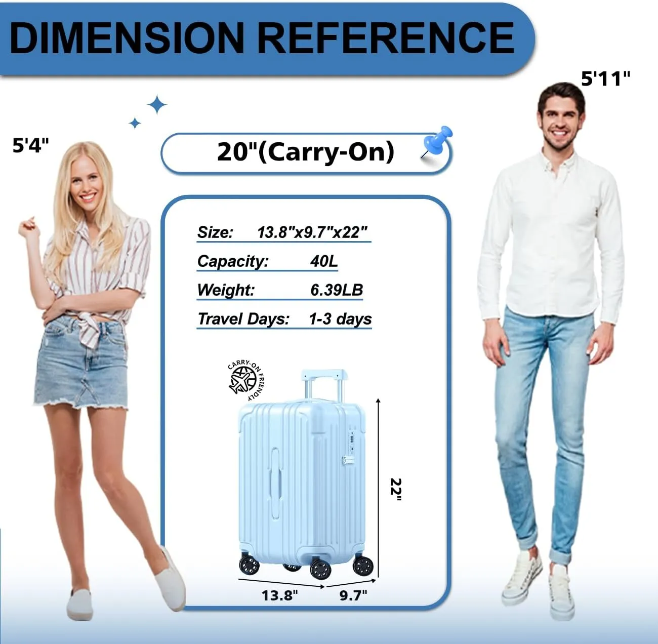 Krute Carry on Luggage PC ABS Suitcases with Double Spinner Wheels 22x14x9 Airline Approved Luggage with TSA Lock 20 Inch (LightBlue)