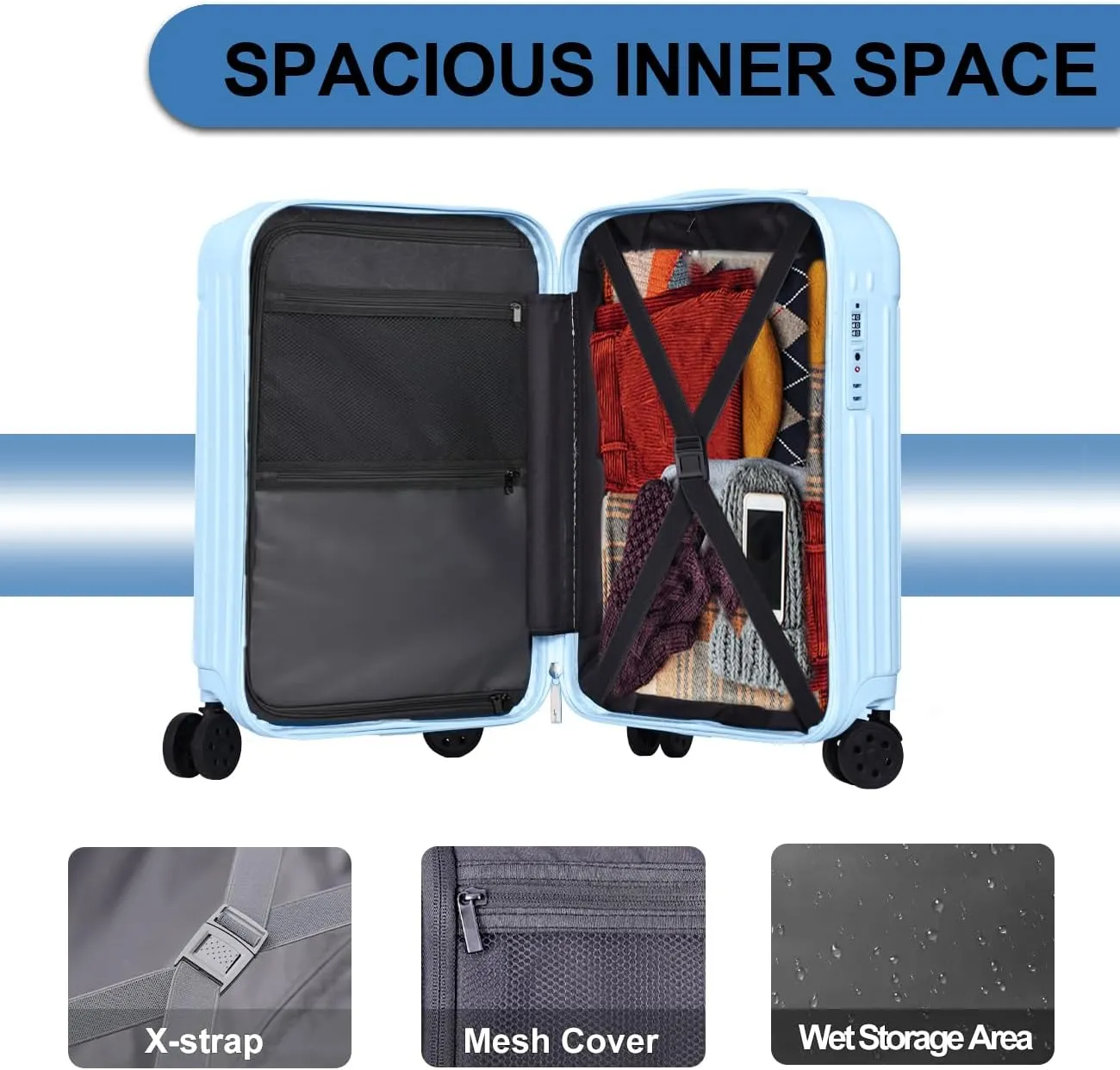 Krute Carry on Luggage PC ABS Suitcases with Double Spinner Wheels 22x14x9 Airline Approved Luggage with TSA Lock 20 Inch (LightBlue)