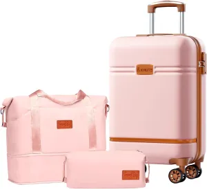 Krute Carry On Luggage Sets 3 Pieces Suitcase Set Hard Shell PC ABS Airline Approved Suitcases with Spinner Wheels TSA Approved 20 Inch Luggage (Pink)
