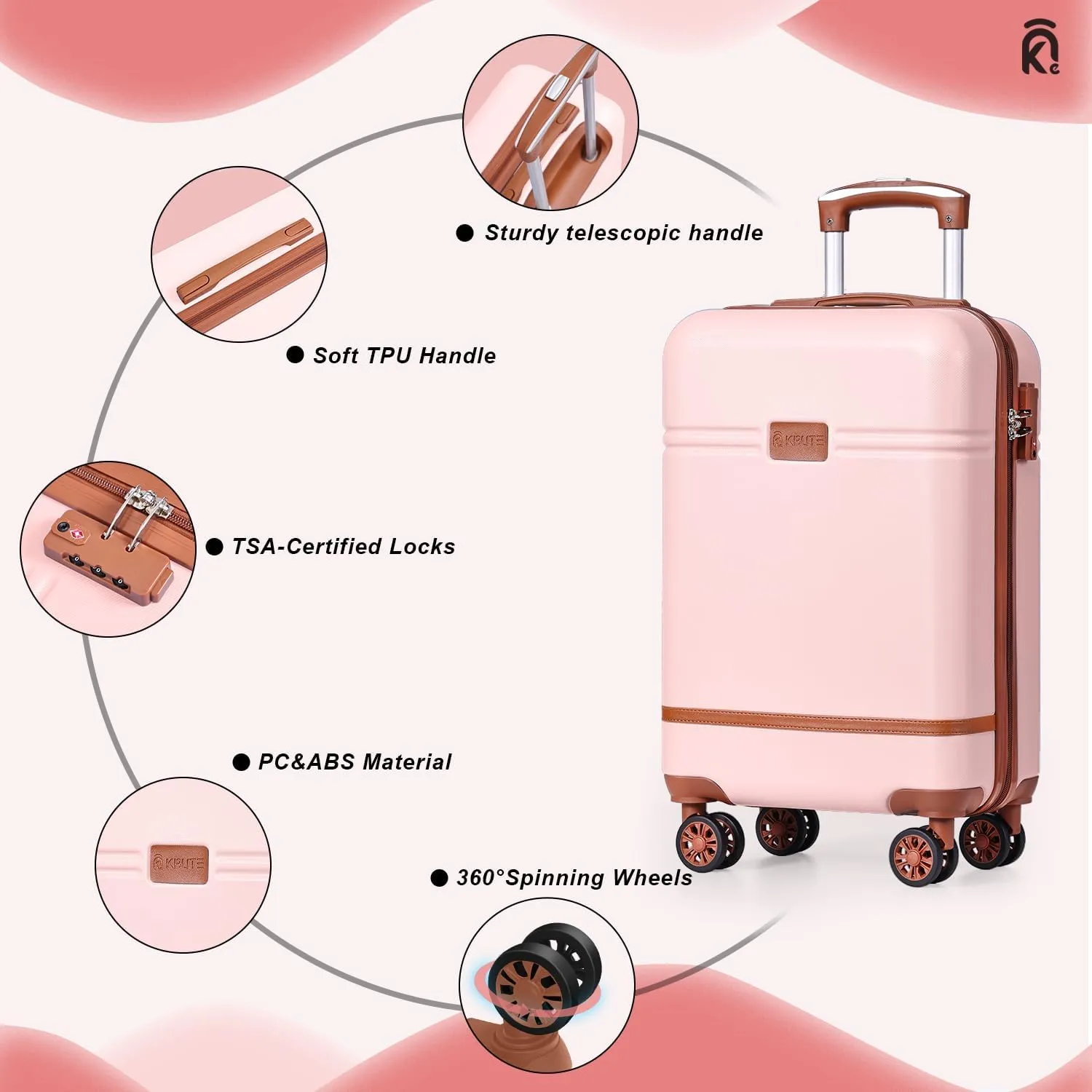 Krute Carry On Luggage Sets 3 Pieces Suitcase Set Hard Shell PC ABS Airline Approved Suitcases with Spinner Wheels TSA Approved 20 Inch Luggage (Pink)
