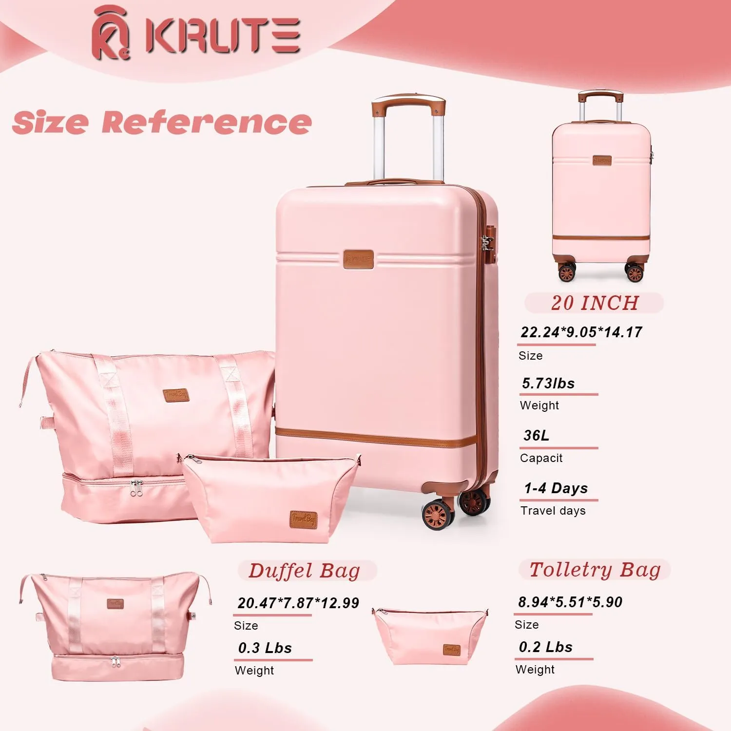 Krute Carry On Luggage Sets 3 Pieces Suitcase Set Hard Shell PC ABS Airline Approved Suitcases with Spinner Wheels TSA Approved 20 Inch Luggage (Pink)