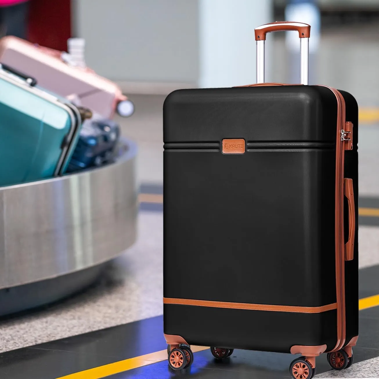 Krute Checked Luggage 24 inch Suitcases with Wheels TSA Approved PC ABS Lightweight Hard Side Suitcase (BlackBrown)