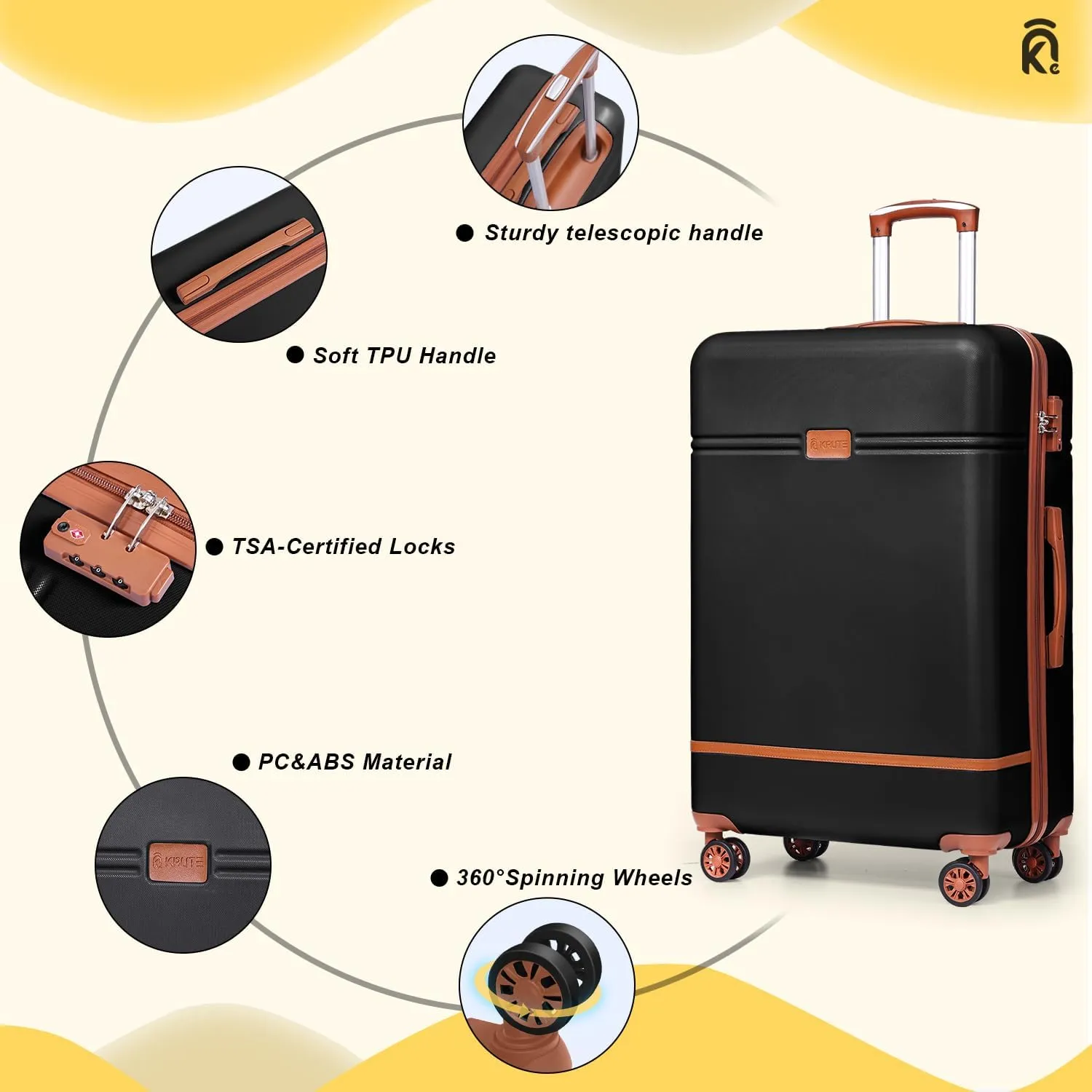 Krute Checked Luggage 24 inch Suitcases with Wheels TSA Approved PC ABS Lightweight Hard Side Suitcase (BlackBrown)