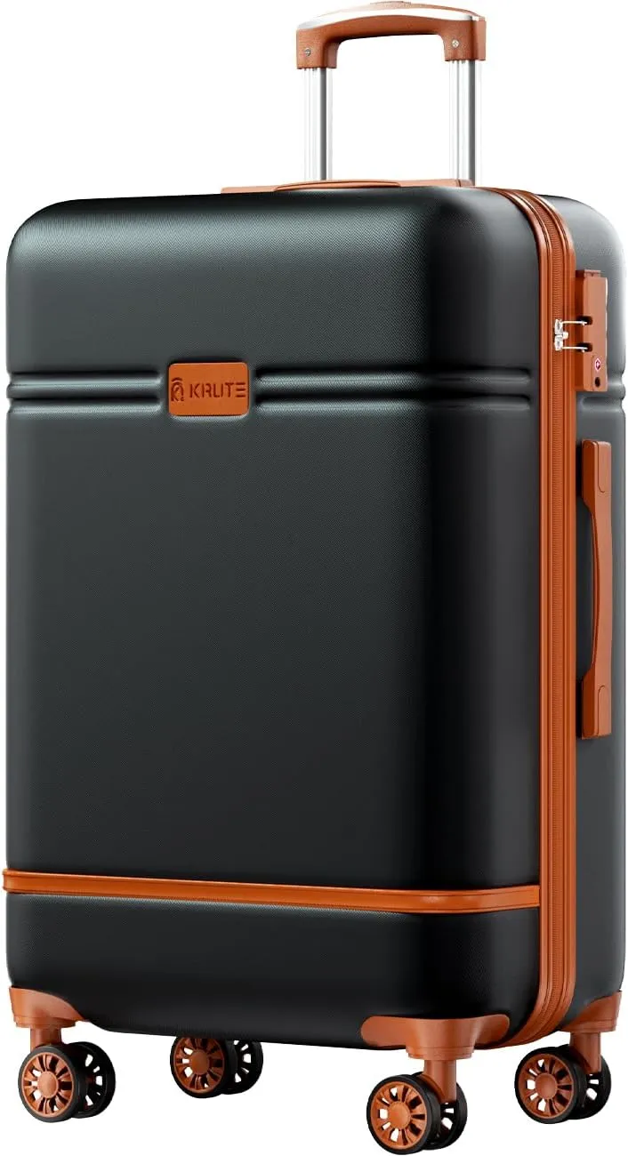 Krute Checked Luggage 24 inch Suitcases with Wheels TSA Approved PC ABS Lightweight Hard Side Suitcase (BlackBrown)