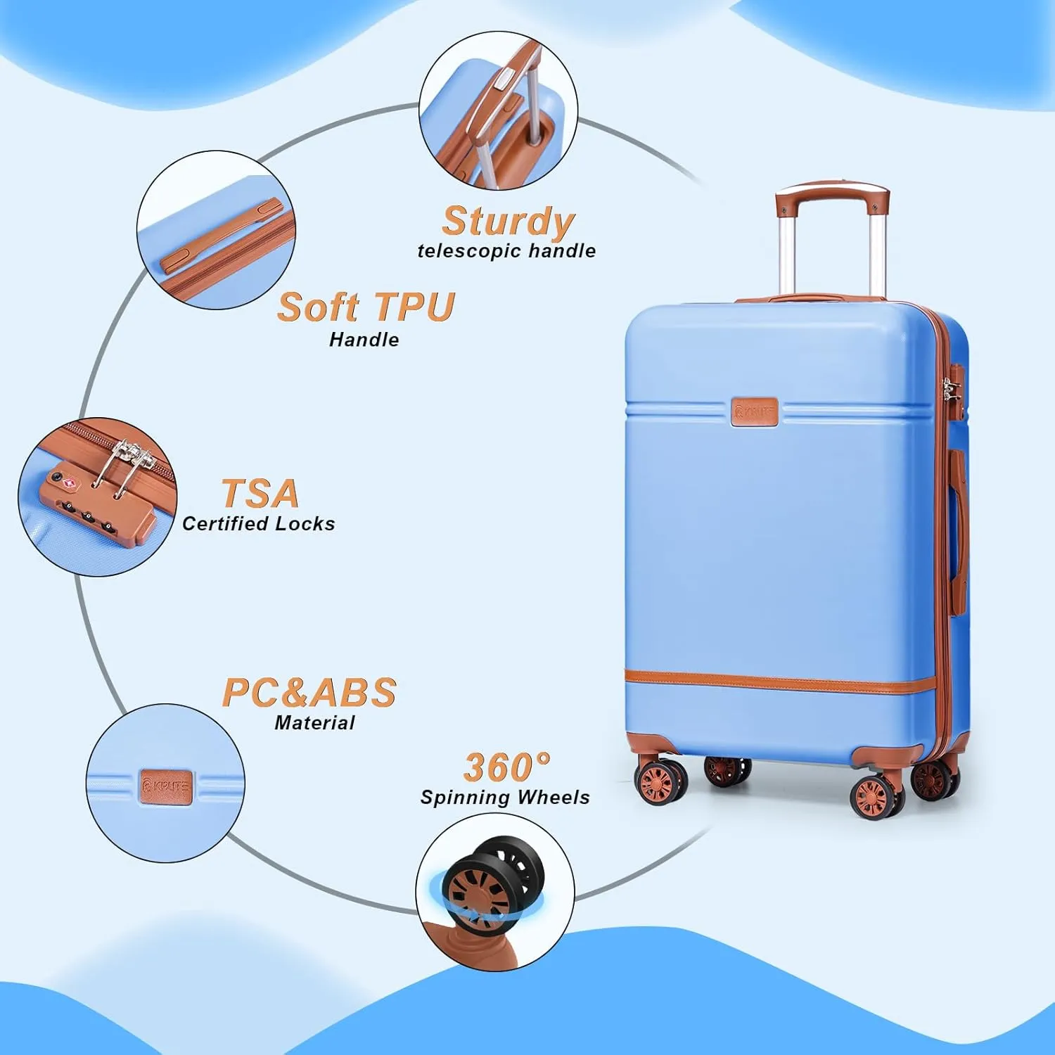 Krute Checked Luggage 24 inch Suitcases with Wheels TSA Approved PC ABS Lightweight Hard Side Suitcase (LightBlue)