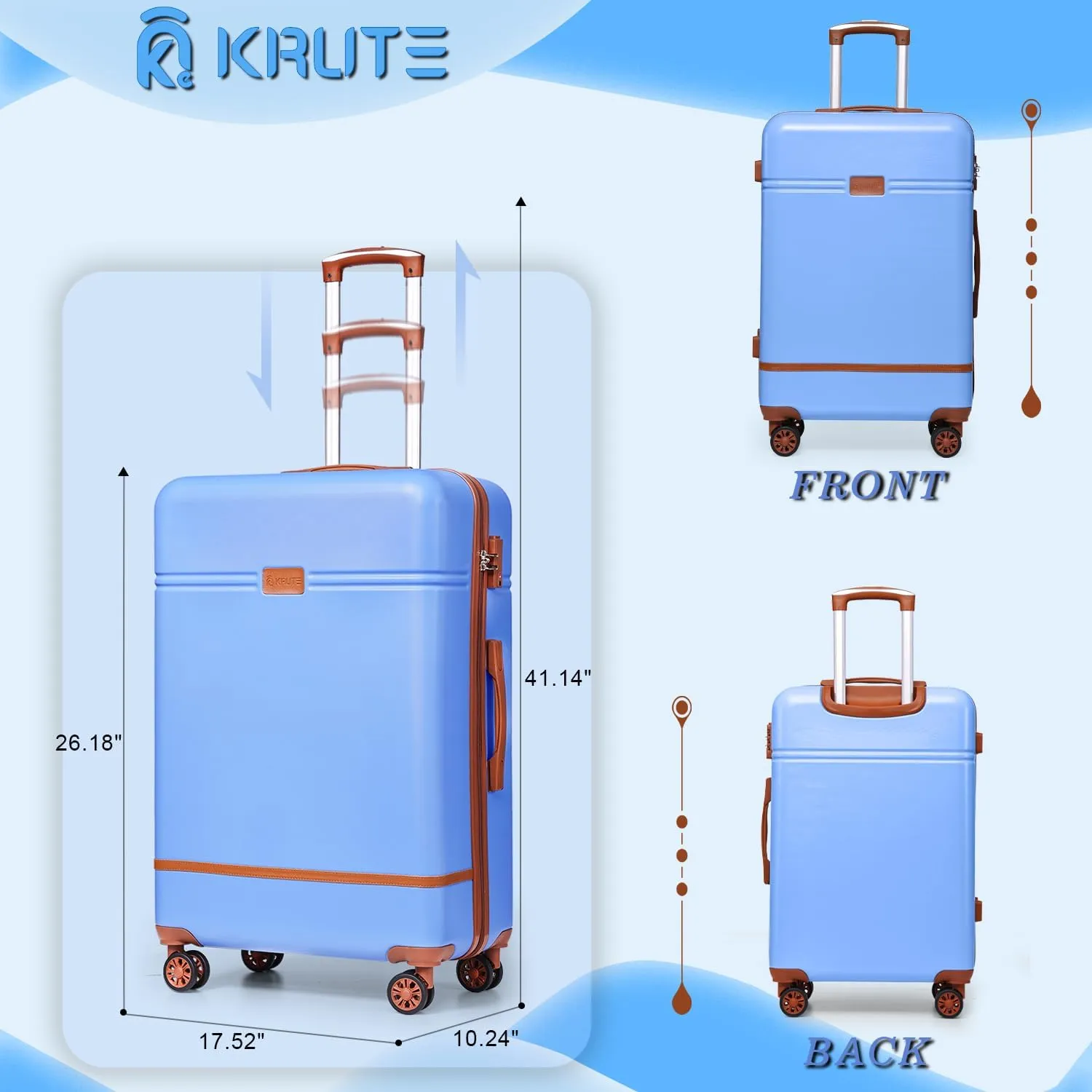 Krute Checked Luggage 24 inch Suitcases with Wheels TSA Approved PC ABS Lightweight Hard Side Suitcase (LightBlue)