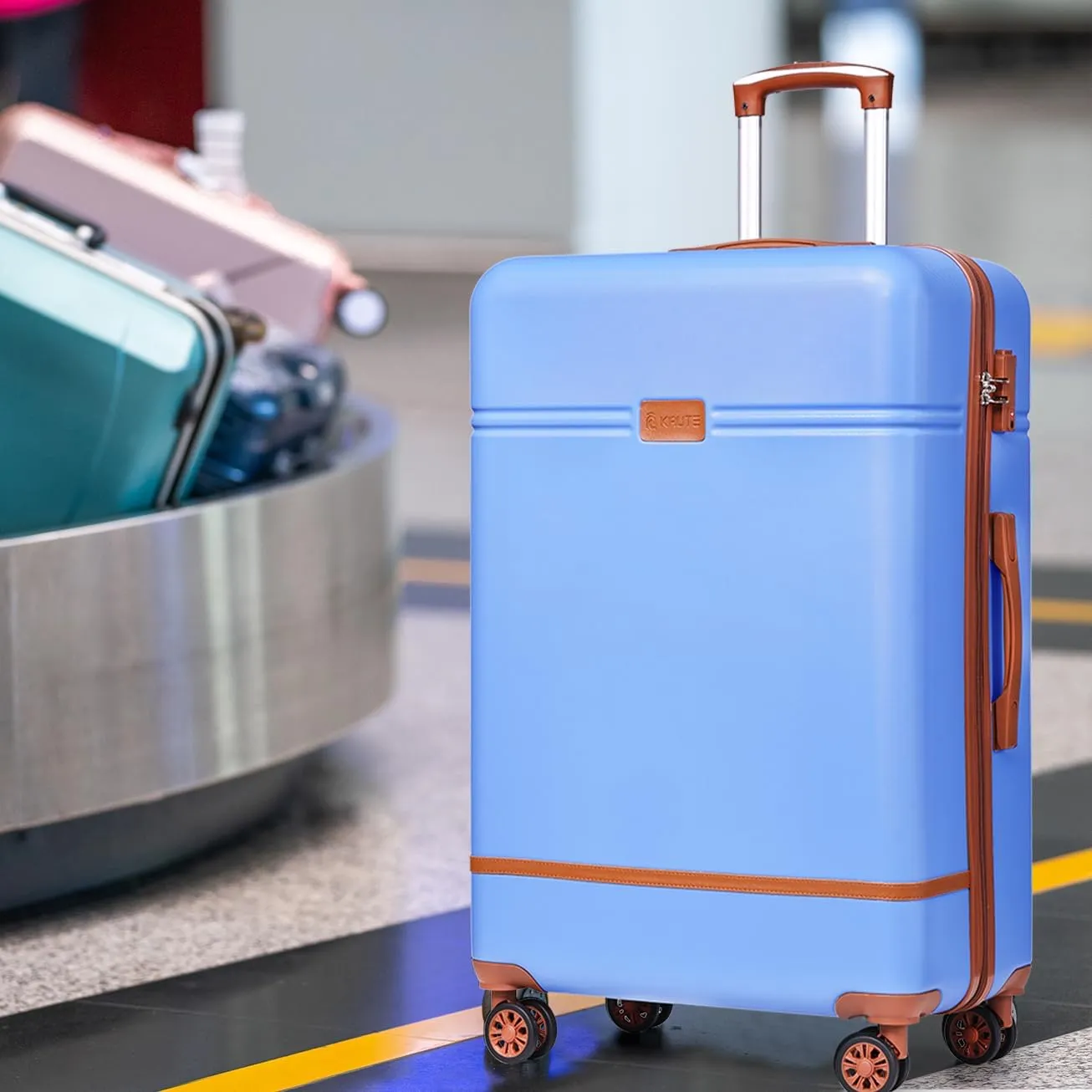 Krute Checked Luggage 24 inch Suitcases with Wheels TSA Approved PC ABS Lightweight Hard Side Suitcase (LightBlue)