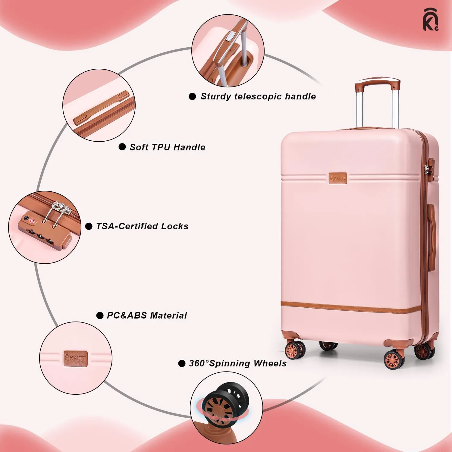 Krute Checked Luggage 24 inch Suitcases with Wheels TSA Approved PC ABS Lightweight Hard Side Suitcase