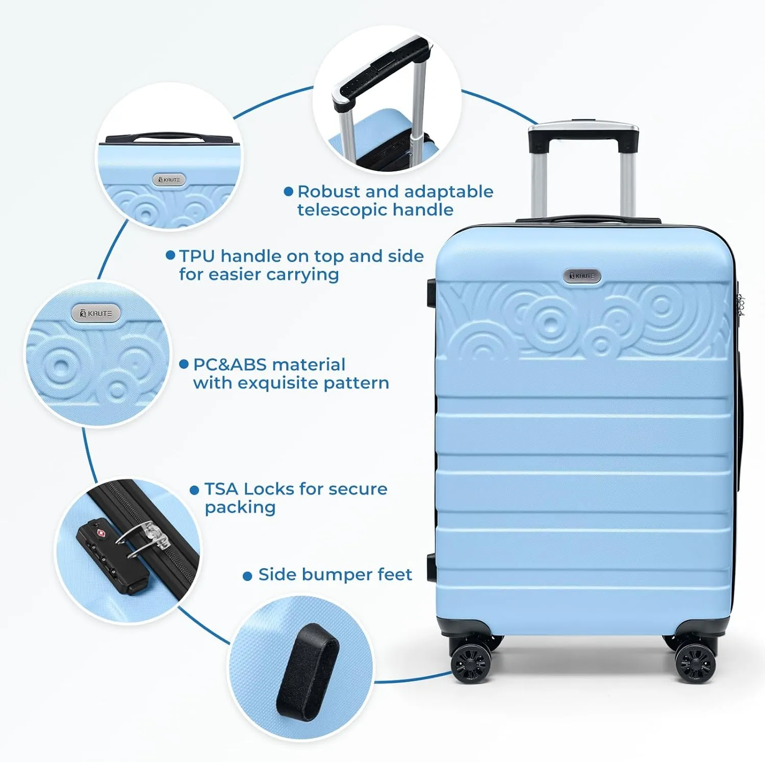Krute Luggage Sets 3 Piece Luggages PC ABS Hardshell Suitcase with Wheels TSA Lock Approved Carry on Suitcase