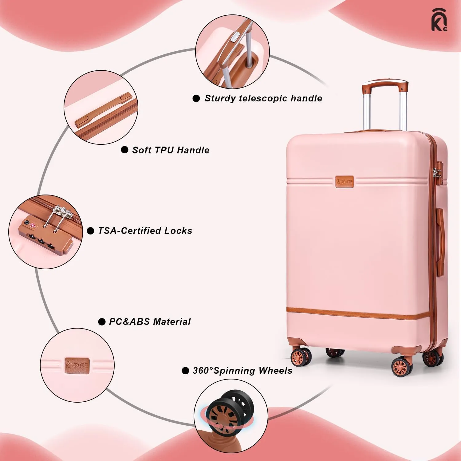 Krute Luggage Sets 5 Pieces Suitcase Set Hard Shell Carry On Luggage with Spinner Wheels TSA Approved Durable PC ABS Suit Case (Pink)