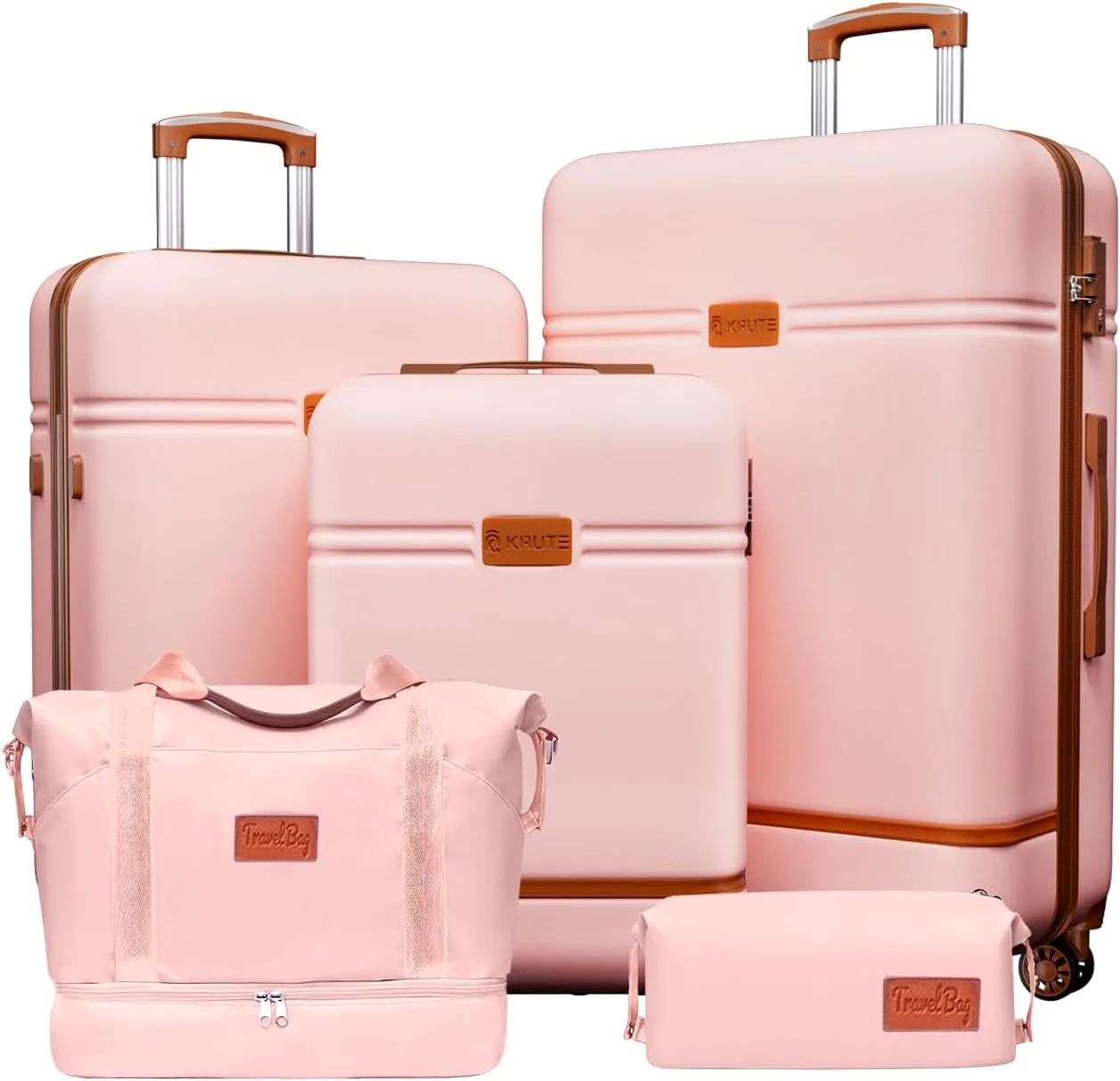 Krute Luggage Sets 5 Pieces Suitcase Set Hard Shell Carry On Luggage with Spinner Wheels TSA Approved Durable PC ABS Suit Case (Pink)