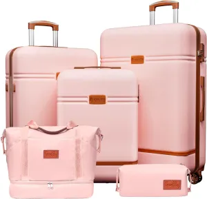 Krute Luggage Sets 5 Pieces Suitcase Set Hard Shell Carry On Luggage with Spinner Wheels TSA Approved Durable PC ABS Suit Case (Pink)